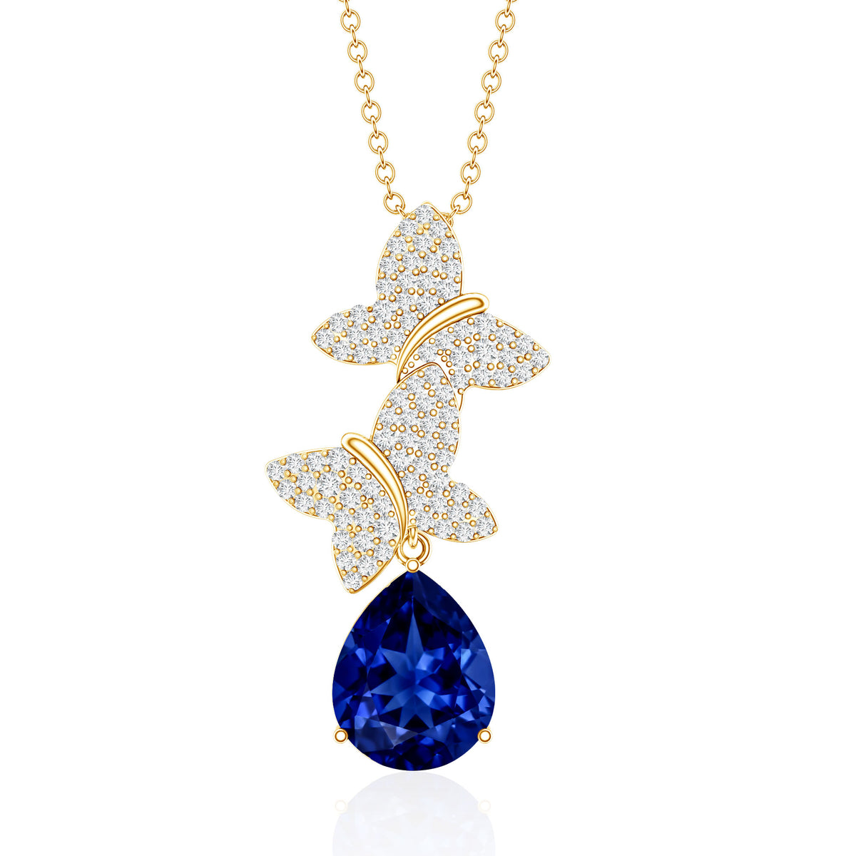 Lab Grown Blue Sapphire Butterflies Pendant Necklace with Diamond AAAA - Rosec Jewels