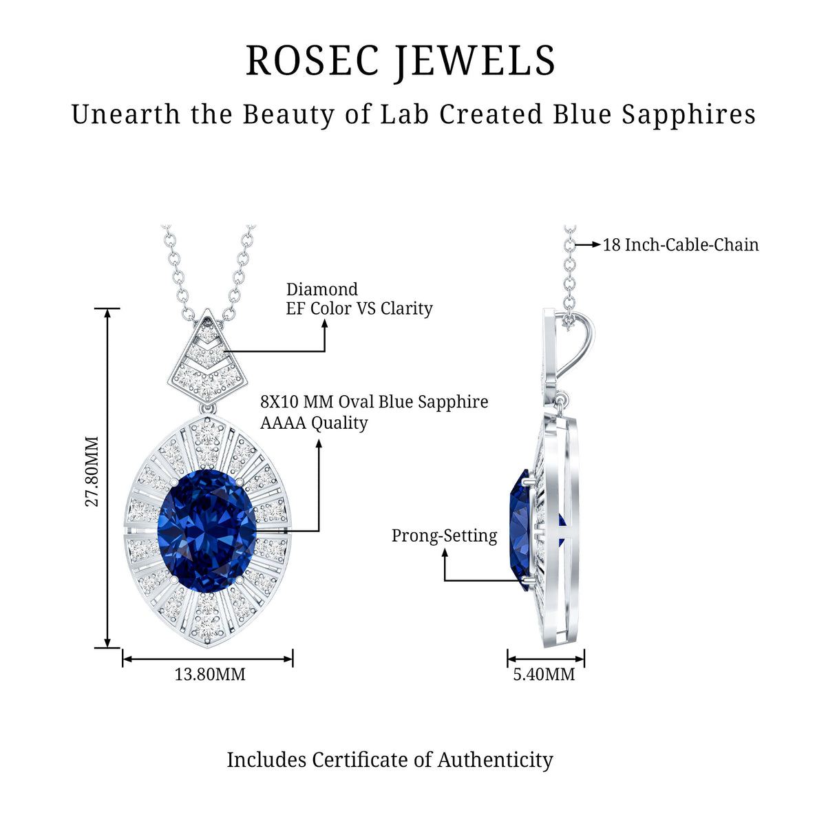 Lab Grown Blue Sapphire Art Deco Necklace with Diamond Accent AAAA - Rosec Jewels