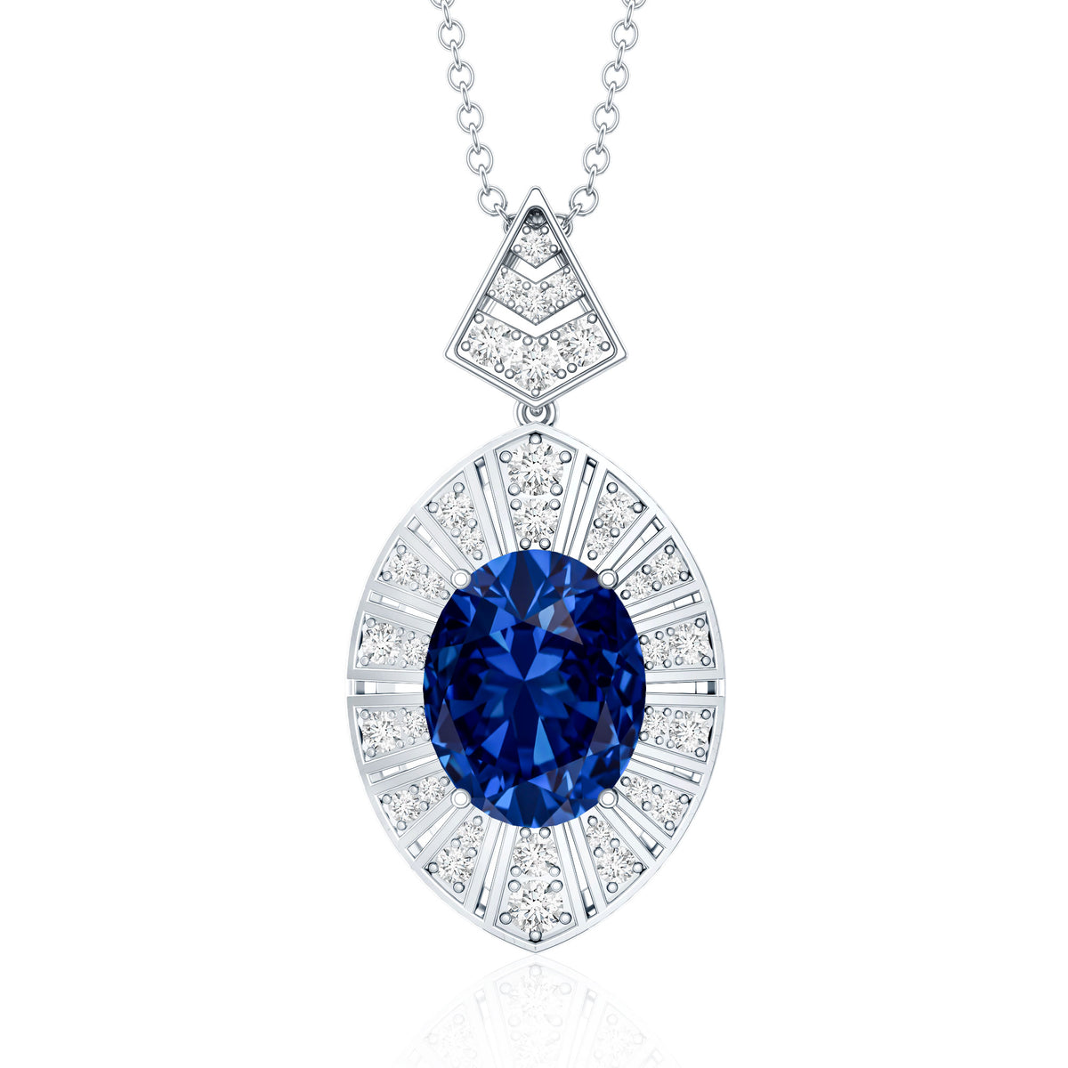 Lab Grown Blue Sapphire Art Deco Necklace with Diamond Accent AAAA - Rosec Jewels
