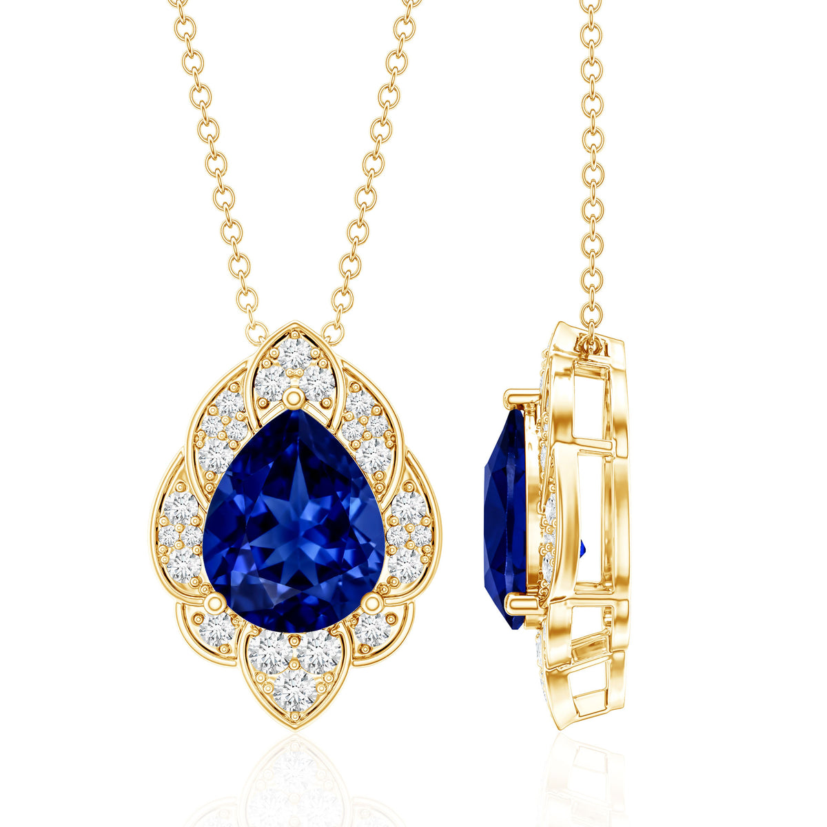 Certified Lab Grown Blue Sapphire Petal Necklace with Diamond AAAA - Rosec Jewels