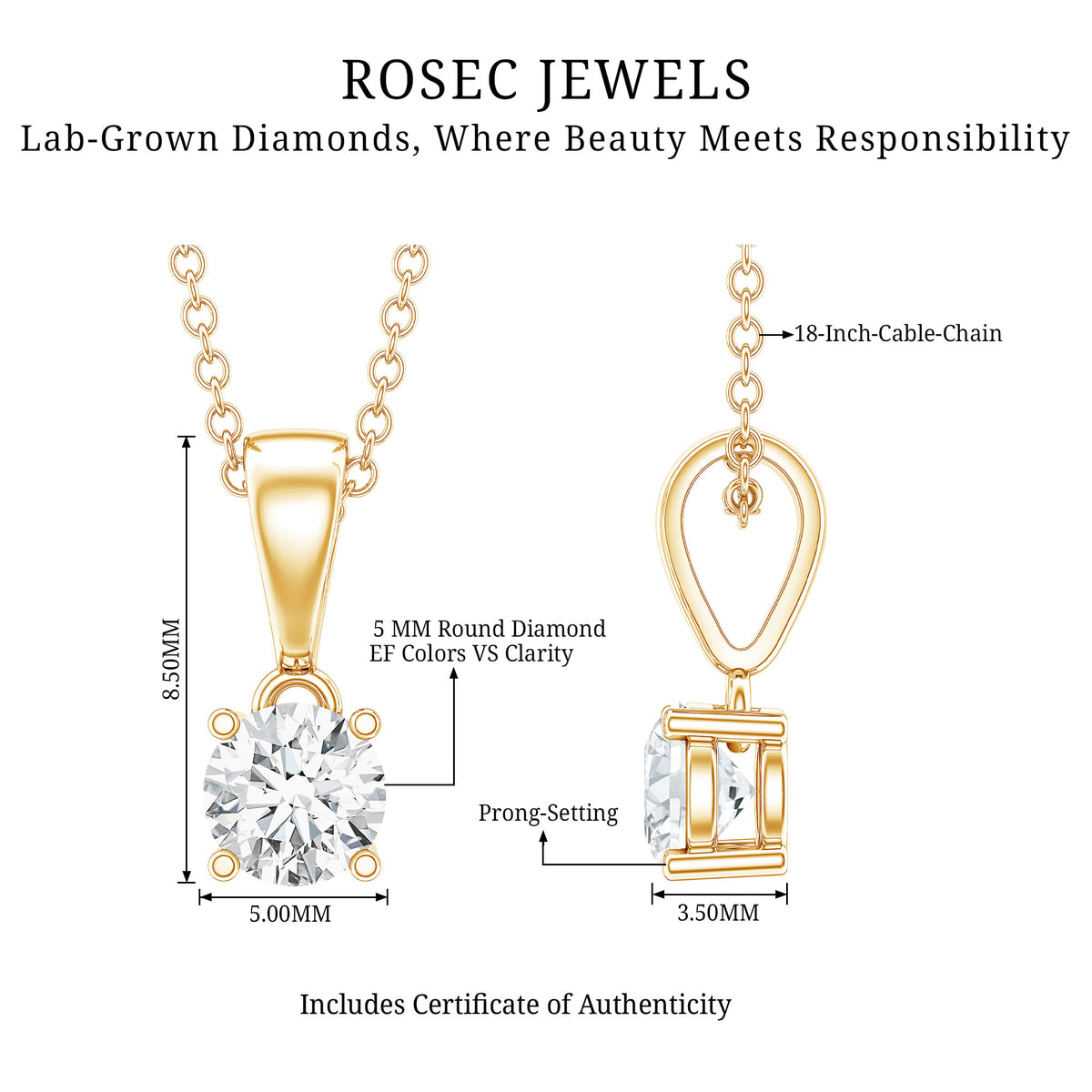 Round 0.4 Carat Brilliant Cut Lab Diamond Solitaire Necklace for Women Lab - ( EF-VS ) - Rosec Jewels