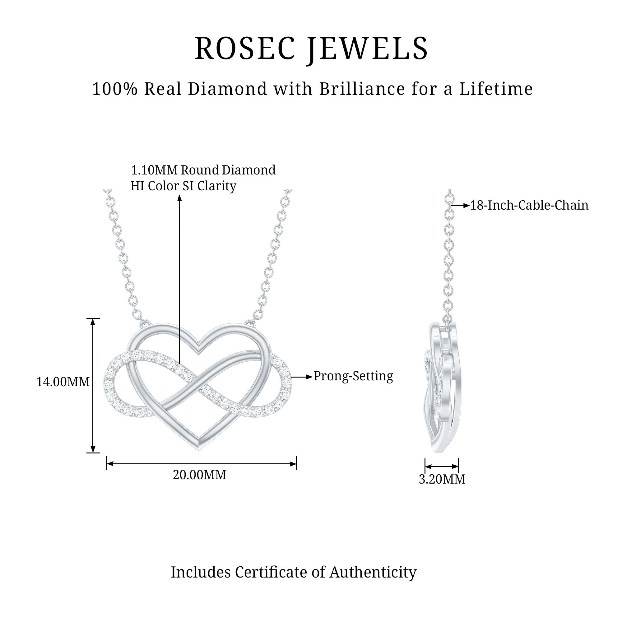 Infinity and Heart Pendant Necklace with Diamond Diamond HI SI Color and Clarity 92.5 Sterling Silver