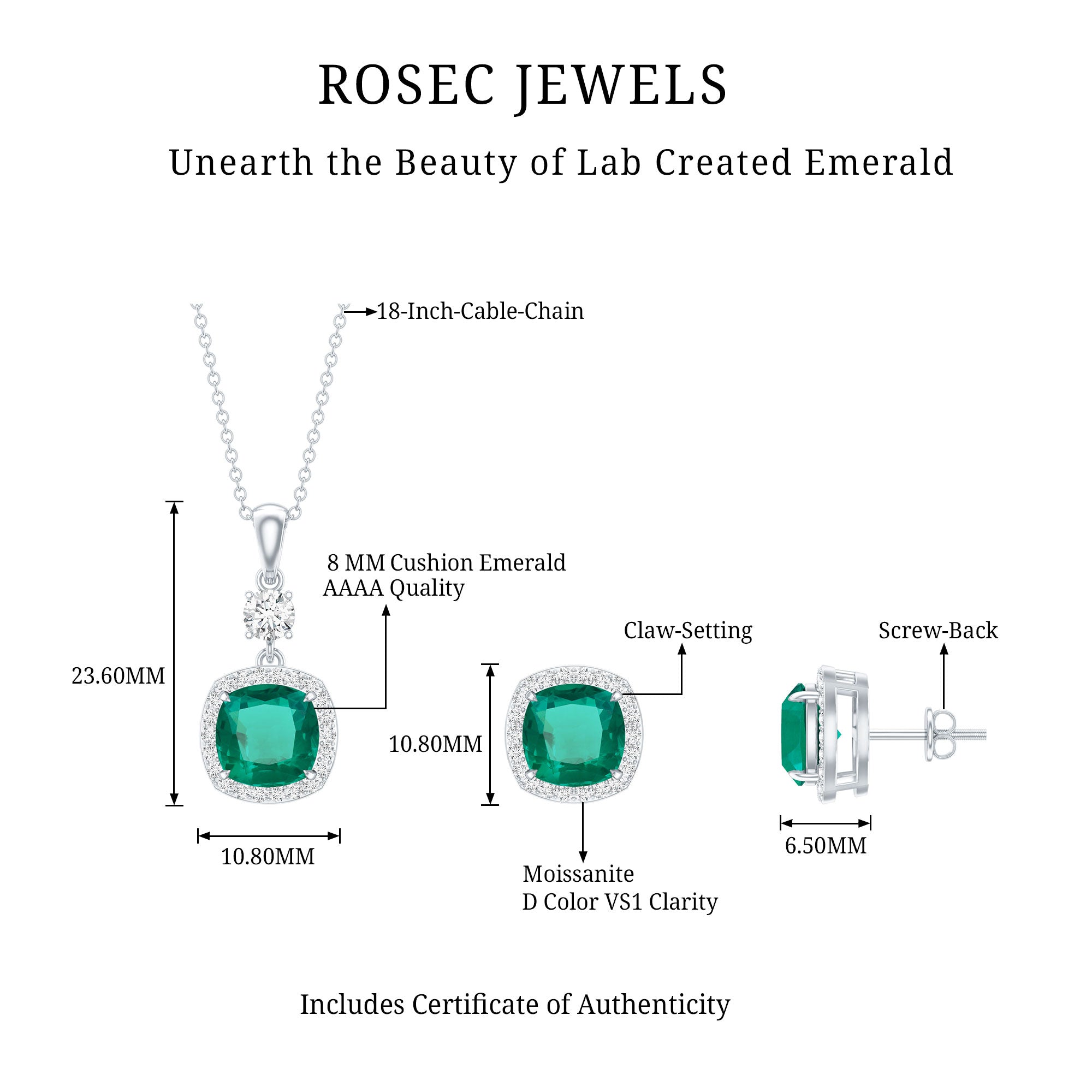 Certified Lab Grown Emerald Bridal Jewelry Set With Moissanite AAAA - Rosec Jewels