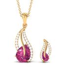 Pear Shaped Pink Tourmaline and Diamond Leaf Jewelry Set AAA - Rosec Jewels