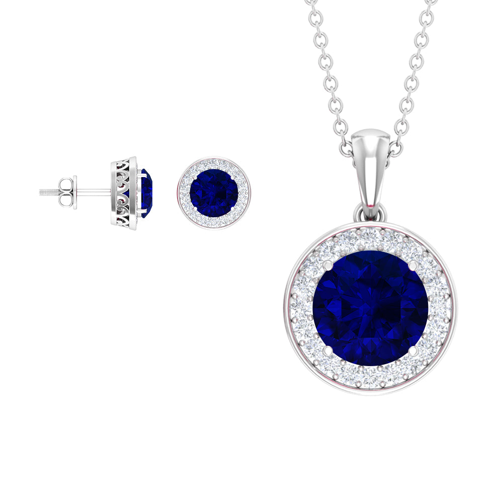 Classic Lab Grown Blue Sapphire And Moissanite Halo Bridal Jewellery Set Lab Created Blue Sapphire - ( AAAA ) - Quality - Rosec Jewels