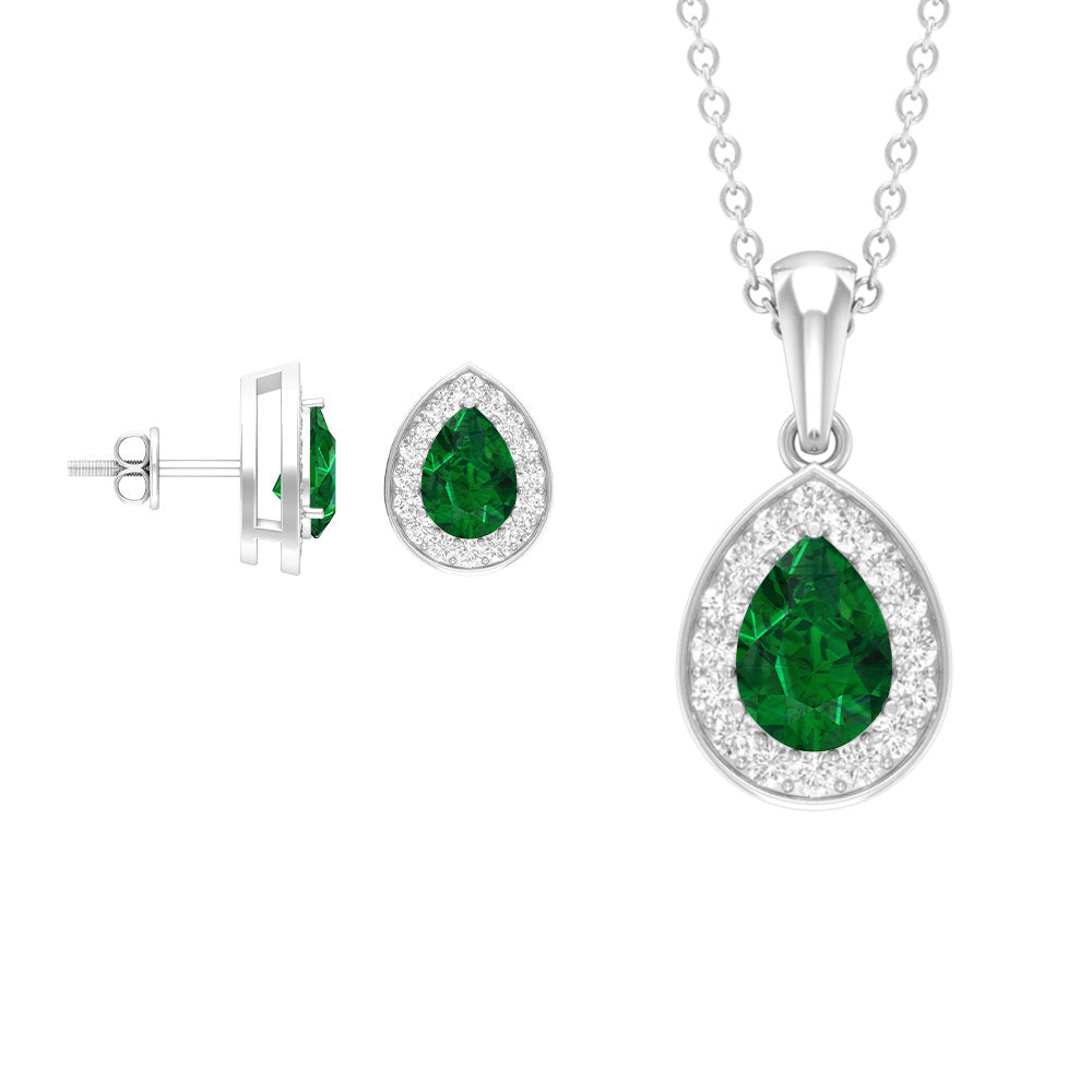 Classic Pear Shaped Created Emerald And Moissanite Teardrop Jewellery Set Lab Created Emerald - ( AAAA ) - Quality - Rosec Jewels