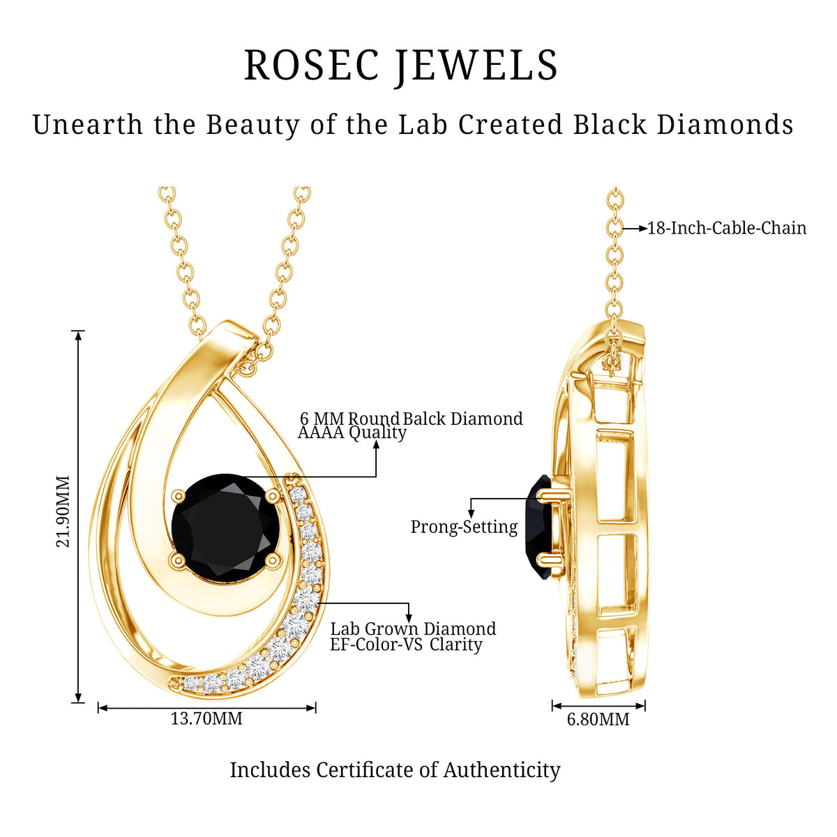 Certified Lab Grown Black and White Diamond Teardrop Necklace AAAA ( Synthetic ) - Rosec Jewels