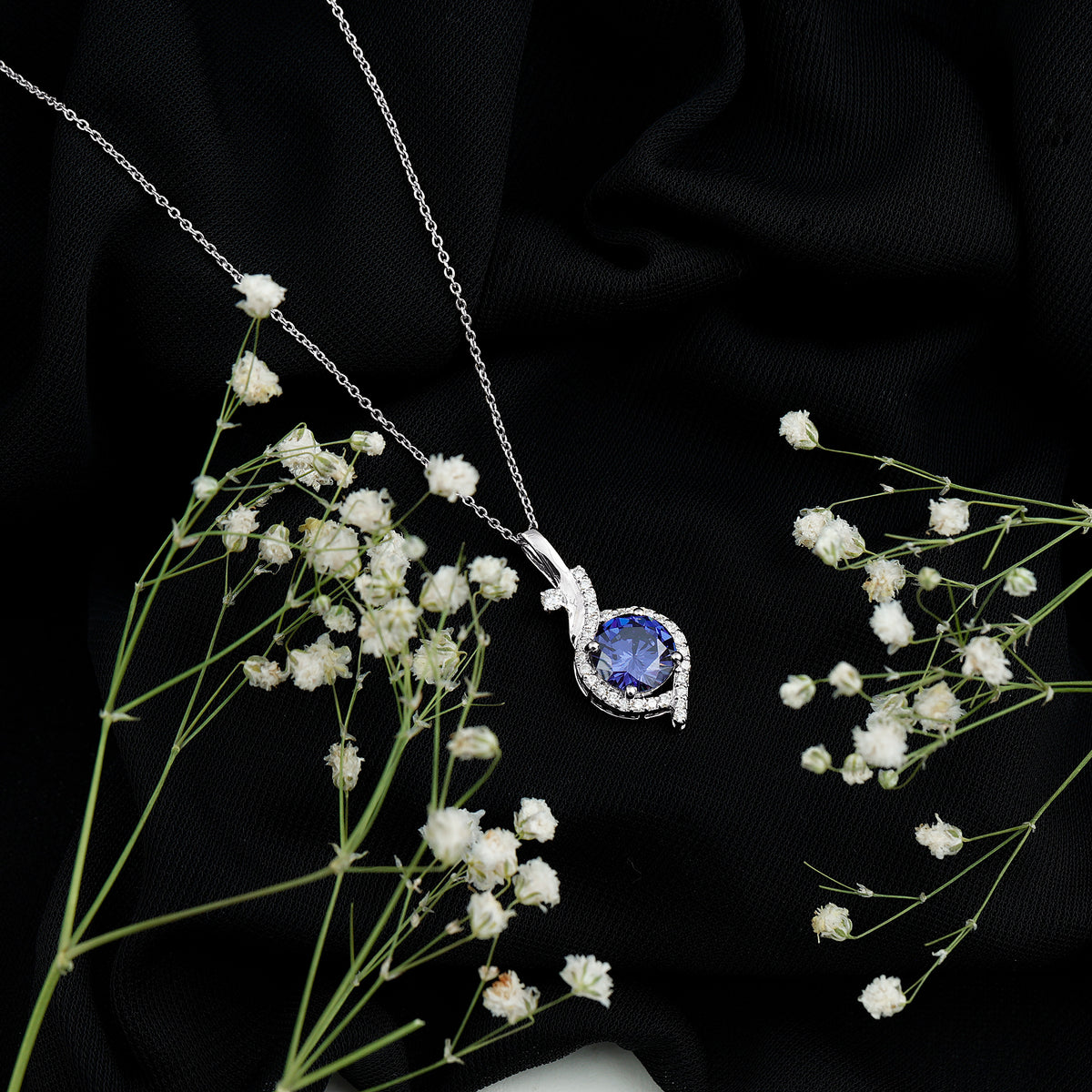 Certified Lab Grown Blue Sapphire Pendant Necklace With Diamonds AAAA - Rosec Jewels