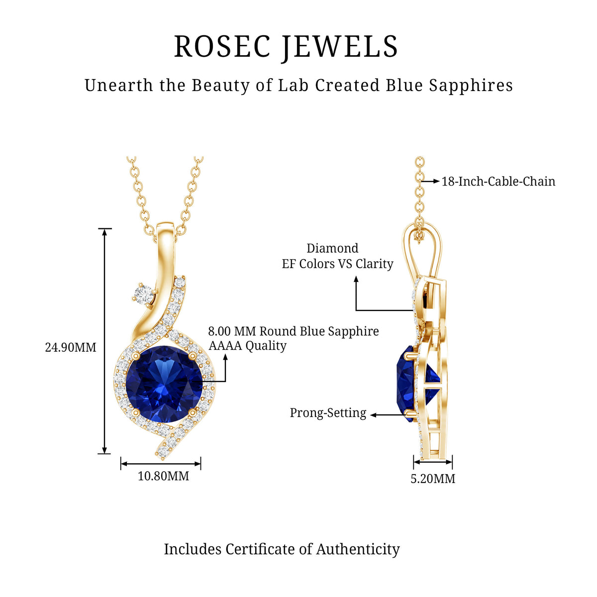 Certified Lab Grown Blue Sapphire Pendant Necklace With Diamonds AAAA - Rosec Jewels