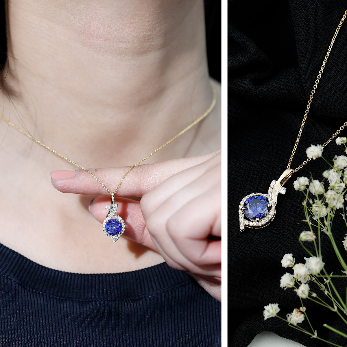 Certified Lab Grown Blue Sapphire Pendant Necklace With Diamonds AAAA - Rosec Jewels