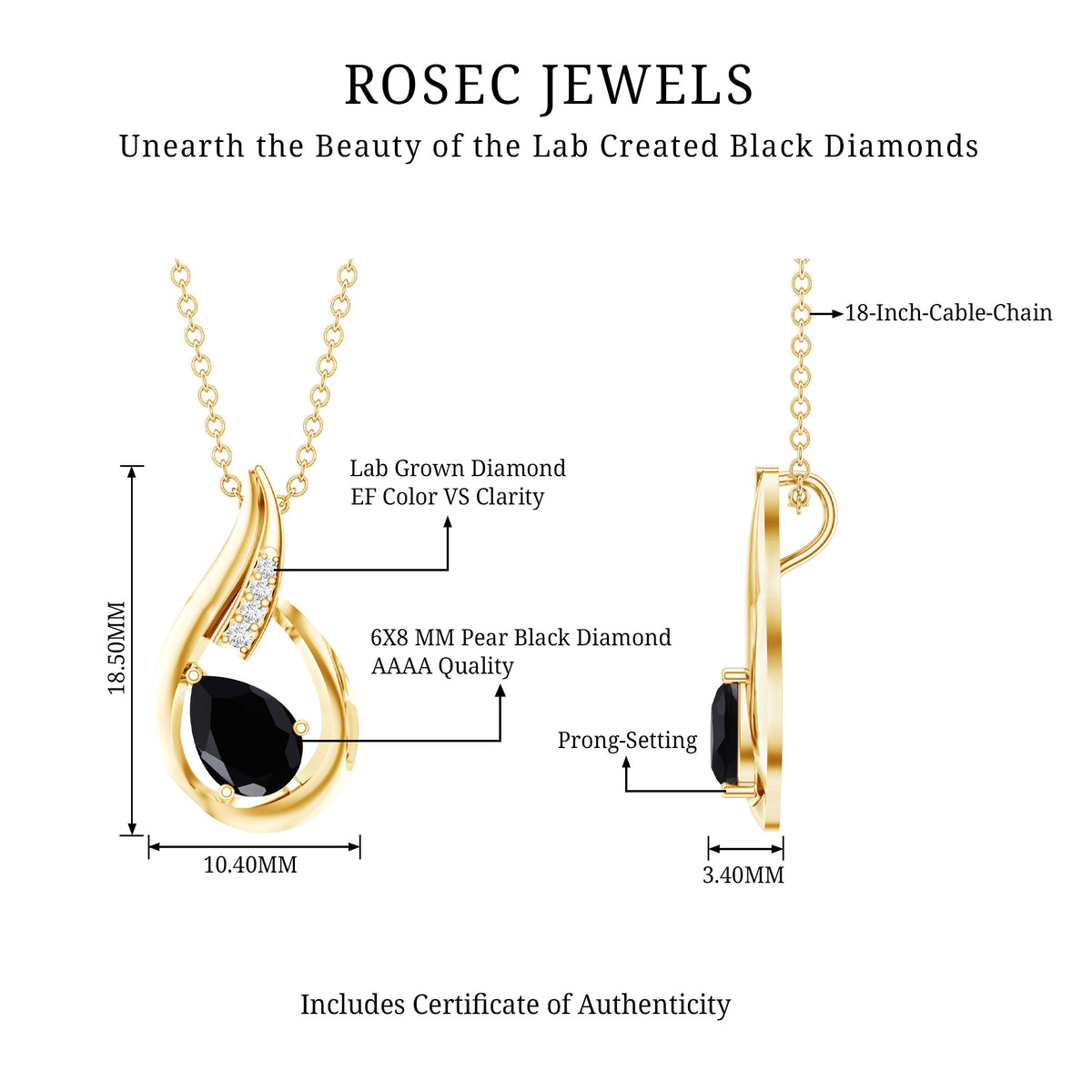 Pear Shape Lab Grown Black Diamond Designer Necklace For Women AAAA ( Synthetic ) - Rosec Jewels