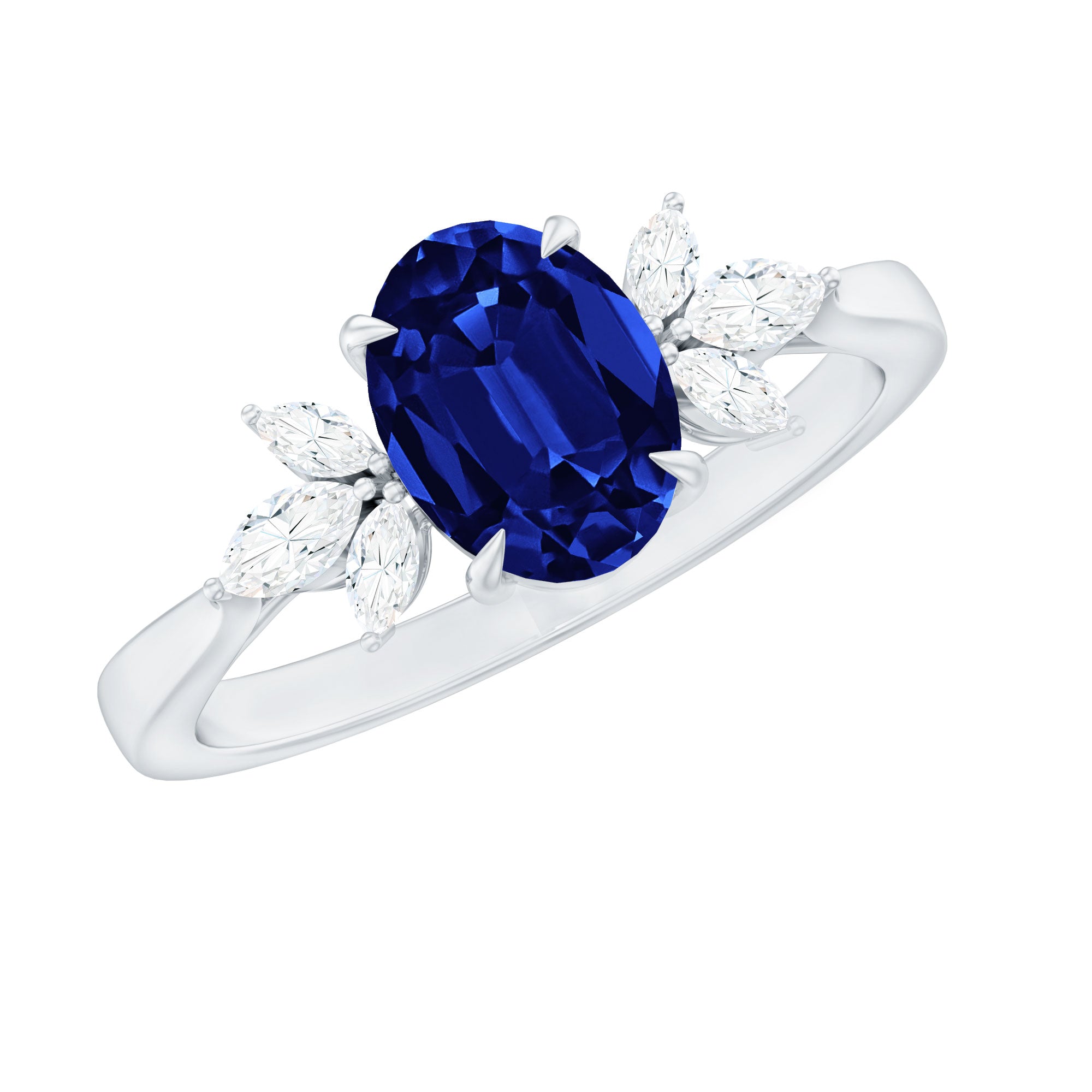 Certified 1.5 Carat Oval Lab Grown Blue Sapphire Engagement Ring with Diamond Trio AAAA - Rosec Jewels