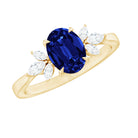Certified 1.5 Carat Oval Lab Grown Blue Sapphire Engagement Ring with Diamond Trio AAAA - Rosec Jewels