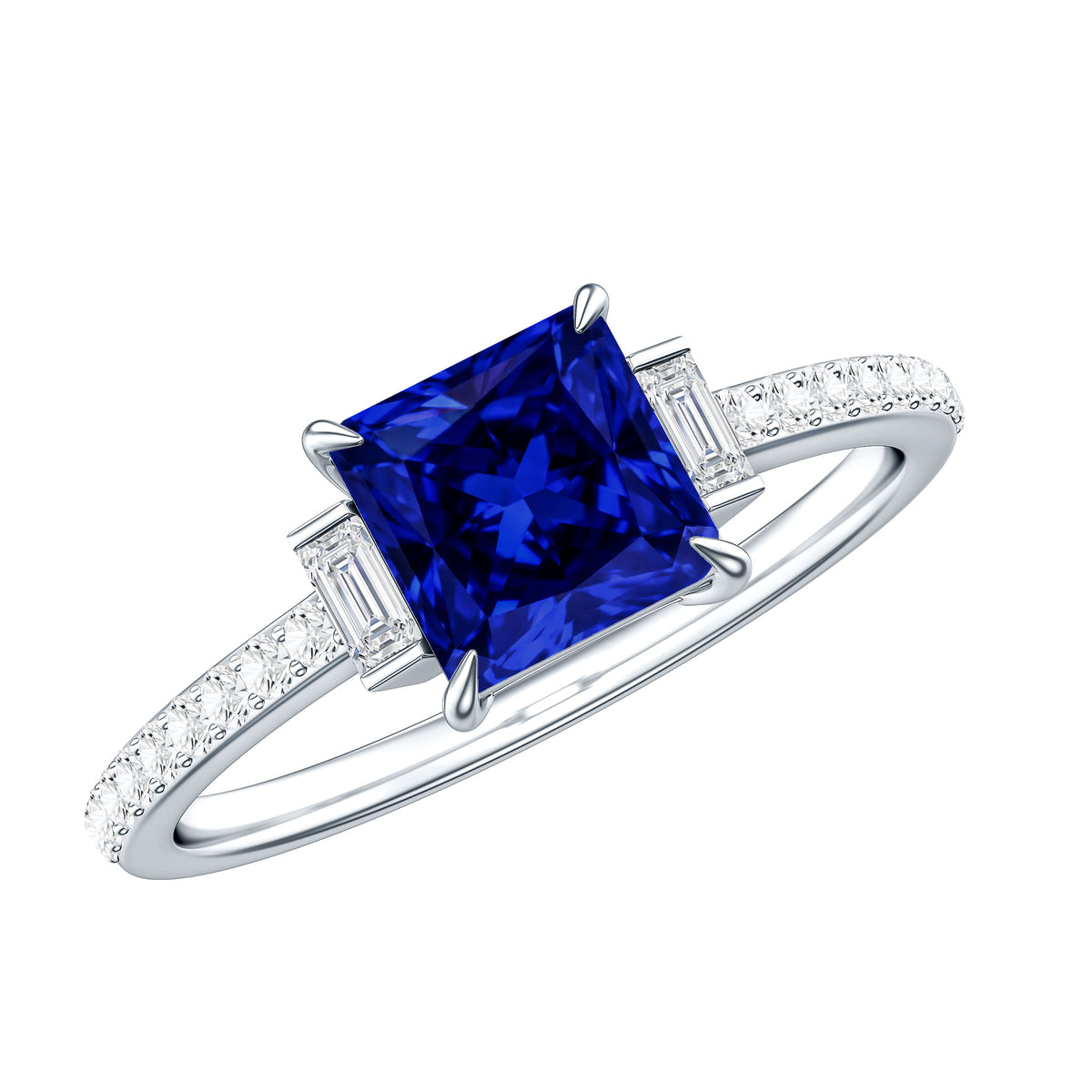 Princess Cut Created Blue Sapphire Solitaire Engagement Ring With Moissanite AAAA - Rosec Jewels