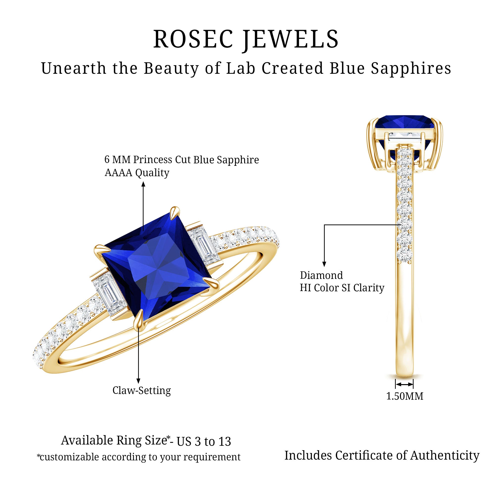 Rosec Jewels-Princess Cut Created Blue Sapphire Solitaire Engagement Ring With Moissanite