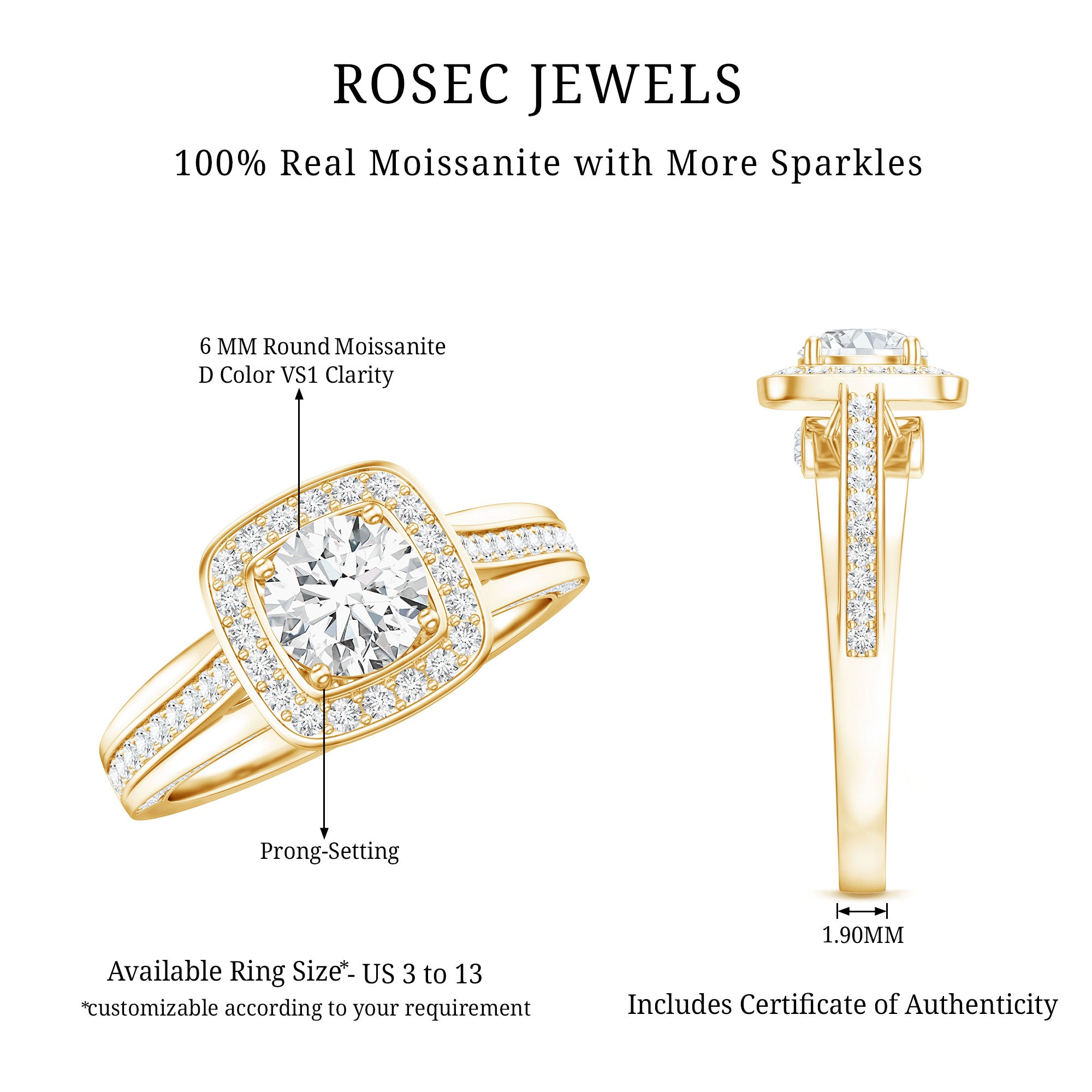 Classic Moissanite Halo Engagement Ring with Certificate D-VS1 - Rosec Jewels