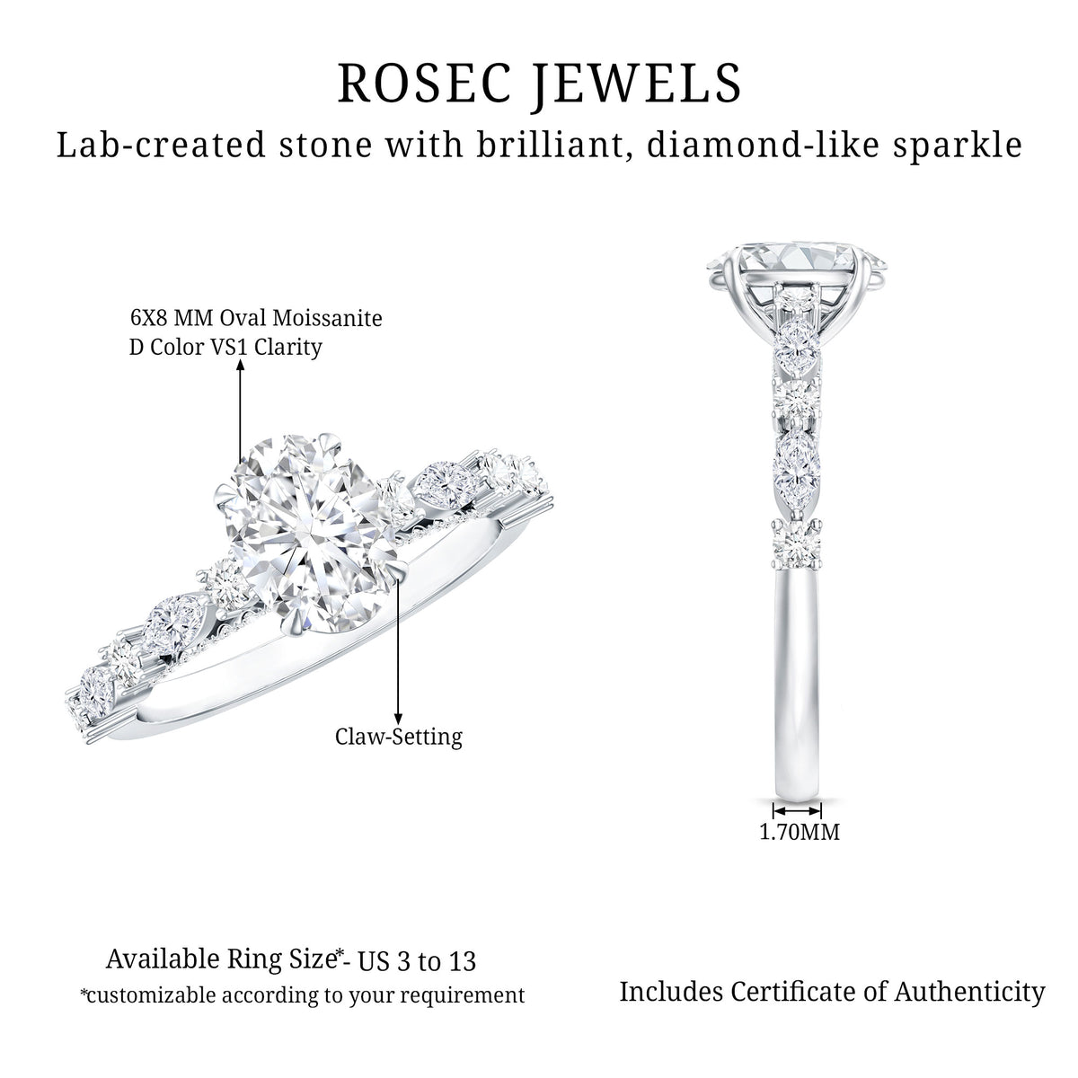 Oval Moissanite Solitaire Engagement Ring in Claw Setting D-VS1 - Rosec Jewels