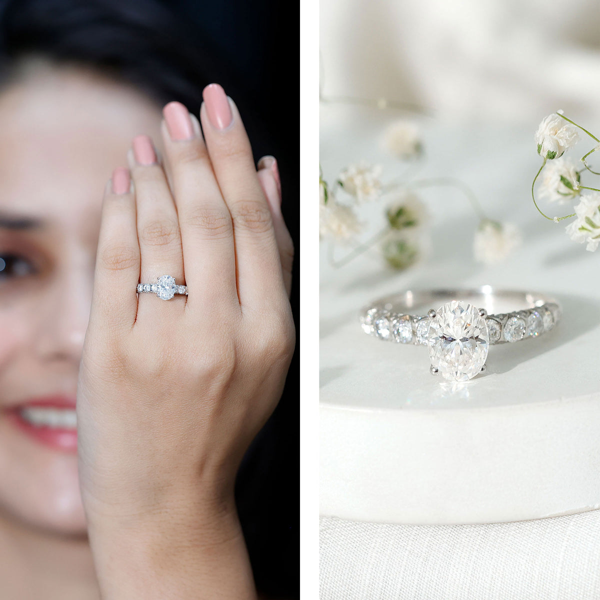 Oval Moissanite Solitaire Engagement Ring with Side Stones D-VS1 - Rosec Jewels
