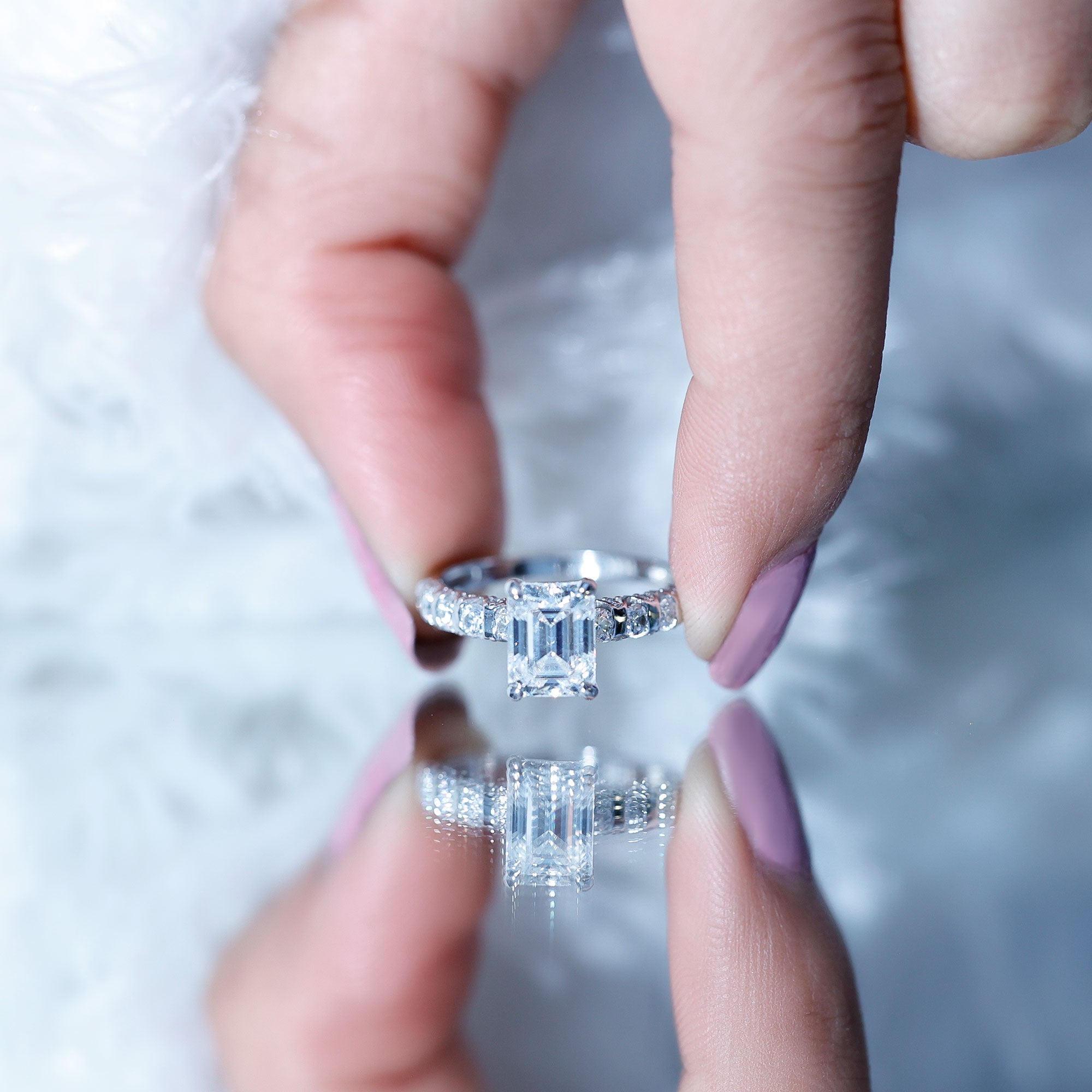 Rosec Jewels-Octagon Moissanite Solitaire Engagement Ring with Side Stones