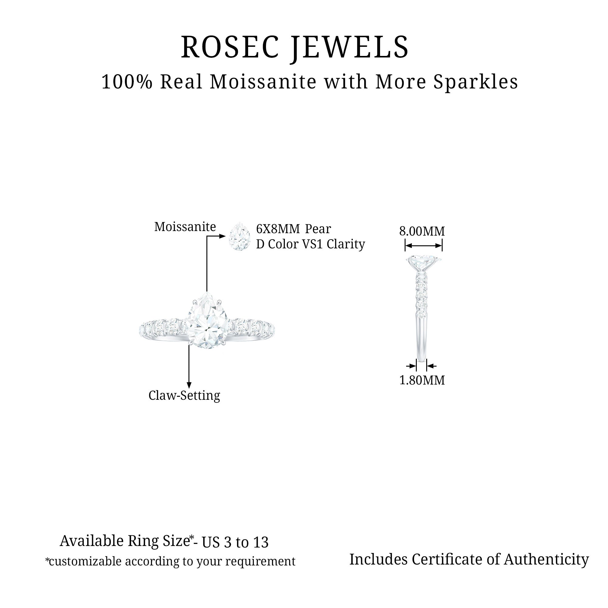 Pear Shaped Moissanite Solitaire Engagement Ring D-VS1 - Rosec Jewels