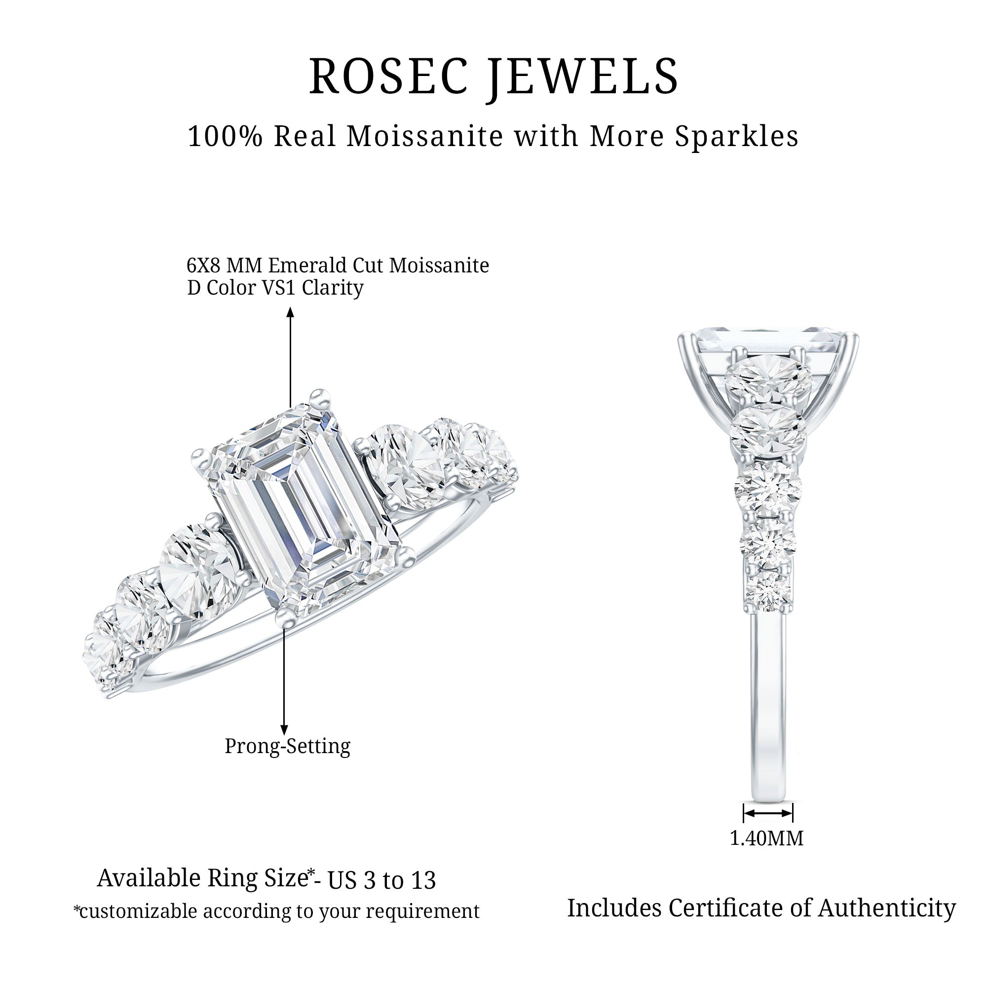 1.8 Carat Emerald Cut Moissanite Side Stone Engagement Ring with Certificate D-VS1 - Rosec Jewels