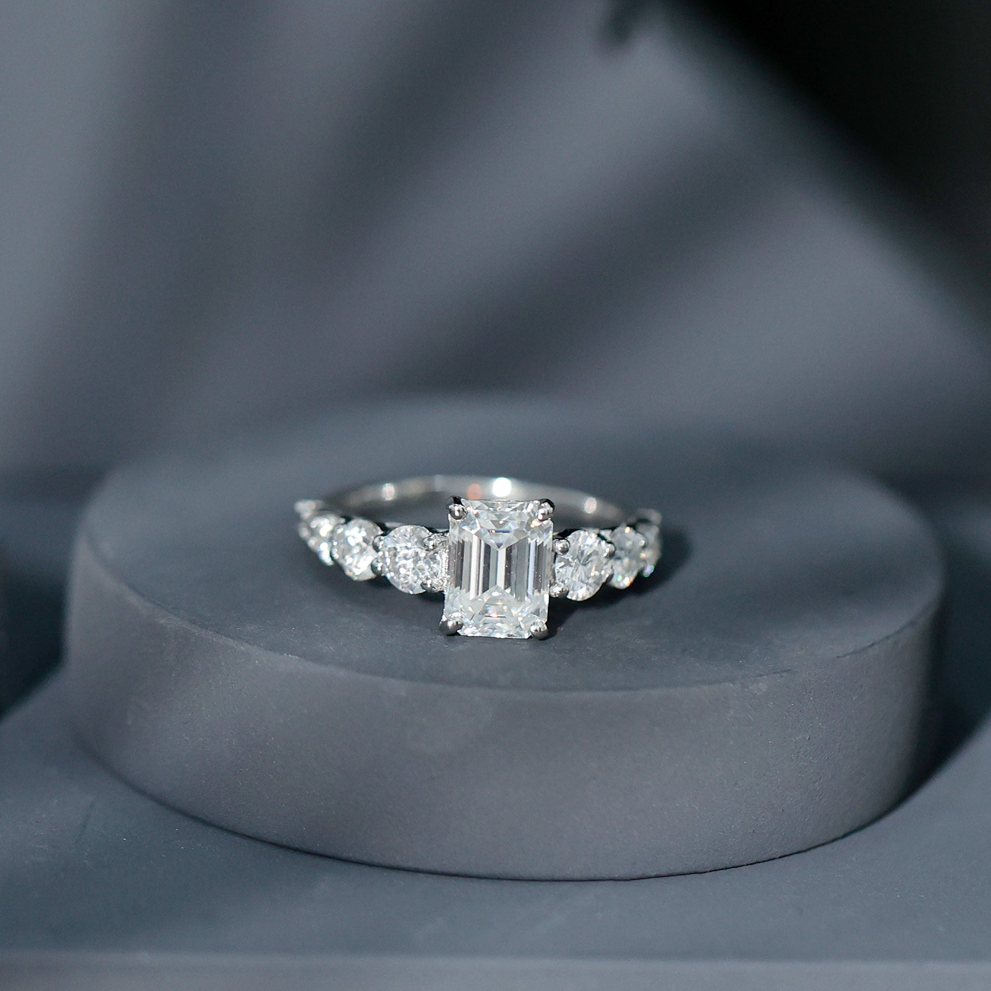 1.8 Carat Emerald Cut Moissanite Side Stone Engagement Ring with Certificate D-VS1 - Rosec Jewels