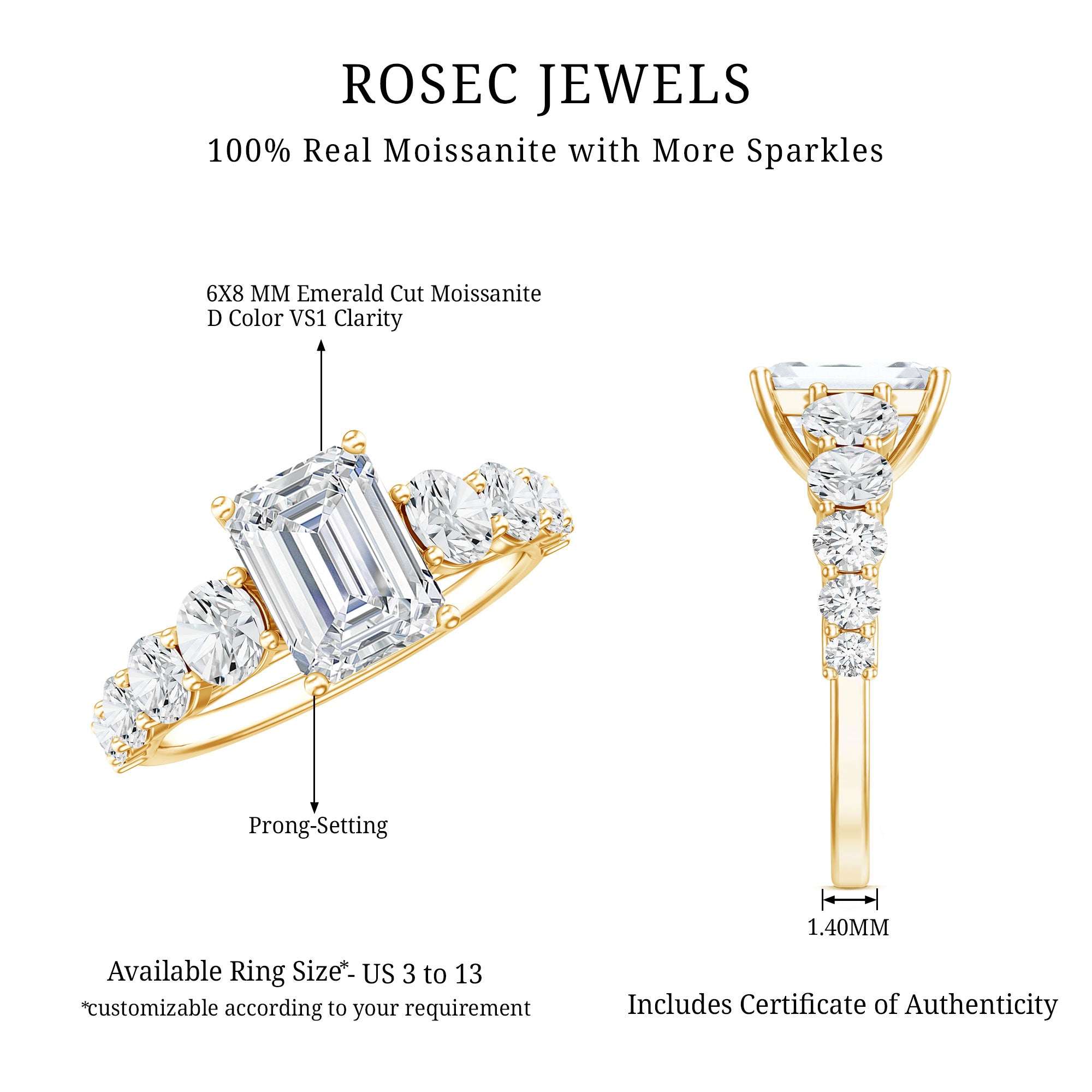 1.8 Carat Emerald Cut Moissanite Side Stone Engagement Ring with Certificate D-VS1 - Rosec Jewels