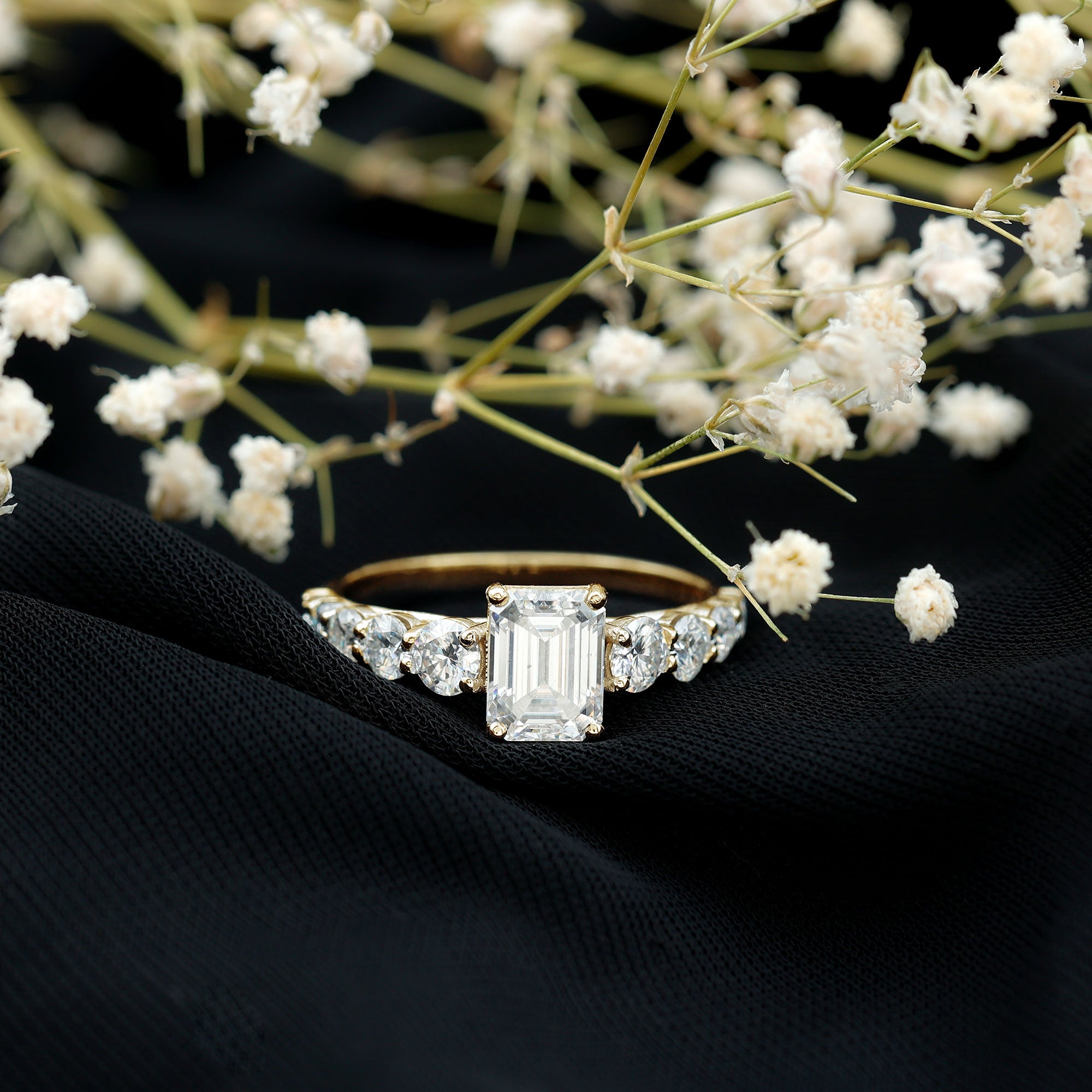1.8 Carat Emerald Cut Moissanite Side Stone Engagement Ring with Certificate D-VS1 - Rosec Jewels