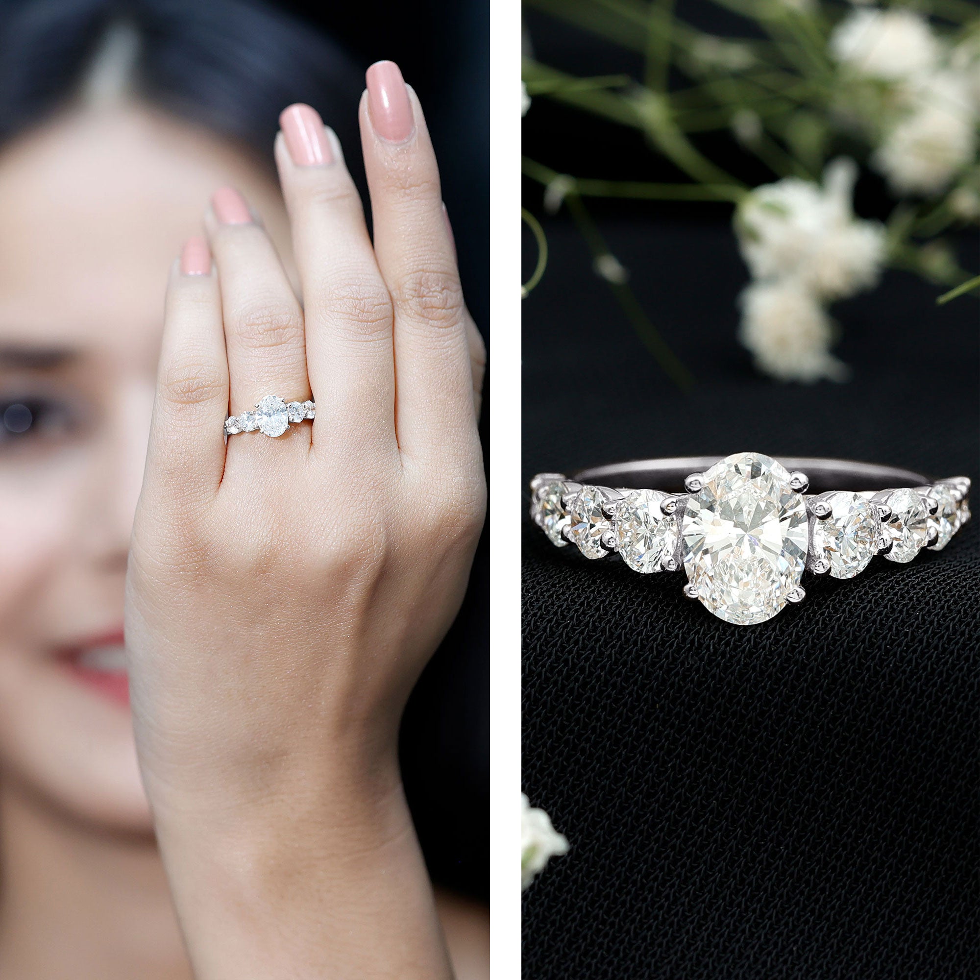 3 CT Oval Cut Moissanite Side Stone Engagement Ring D-VS1 - Rosec Jewels