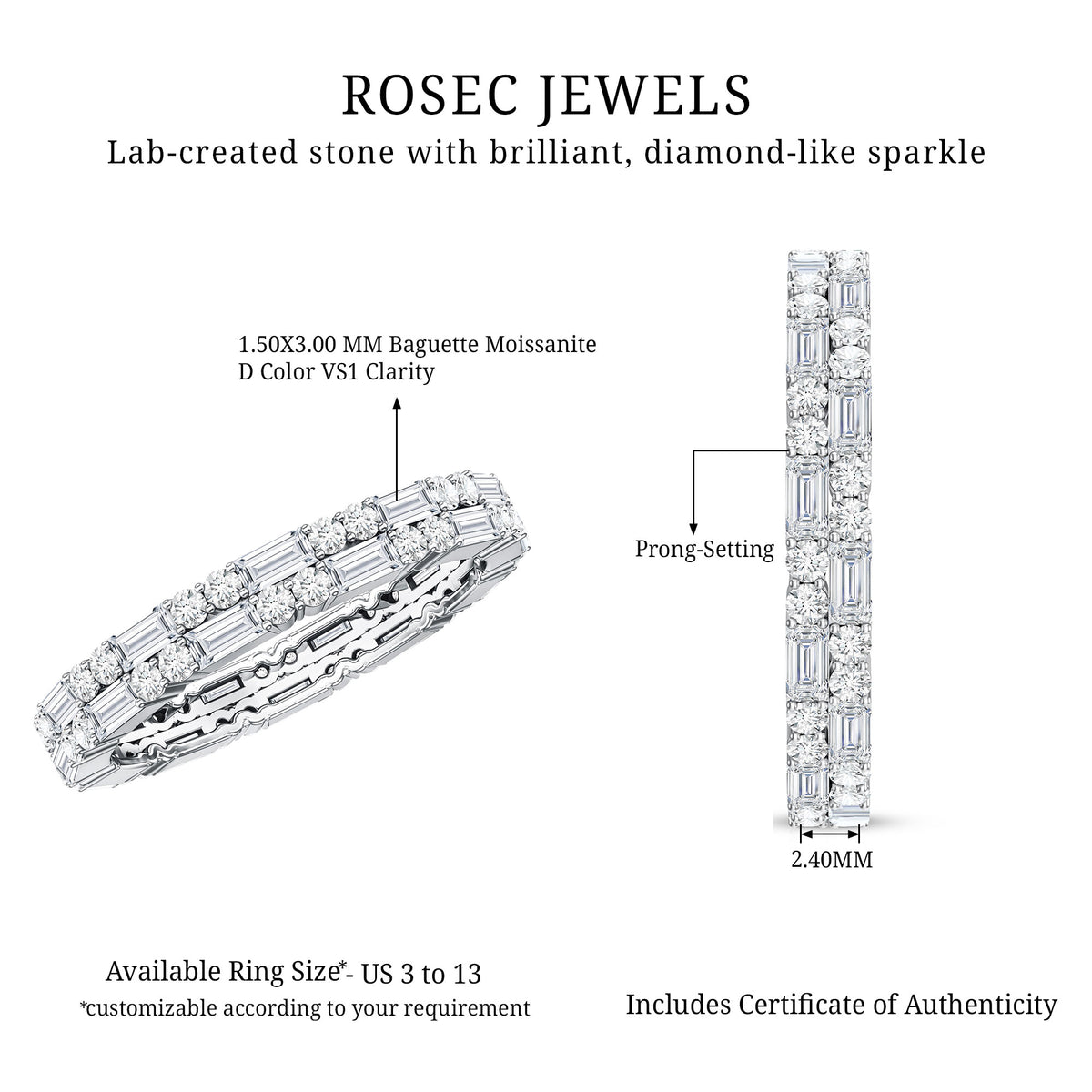 Double Row Moissanite Stackable Eternity Band Ring D-VS1 - Rosec Jewels