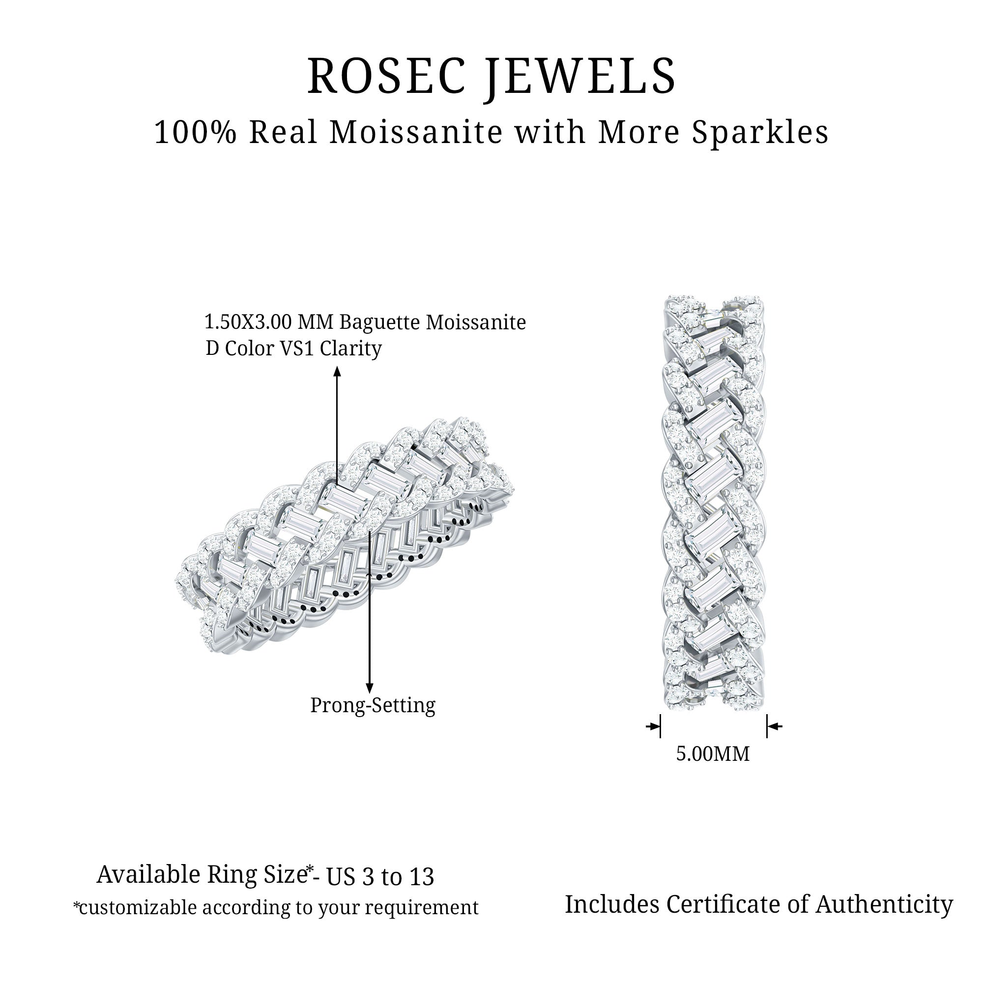 Baguette and Round Moissanite Braided Wedding Band D-VS1 - Rosec Jewels