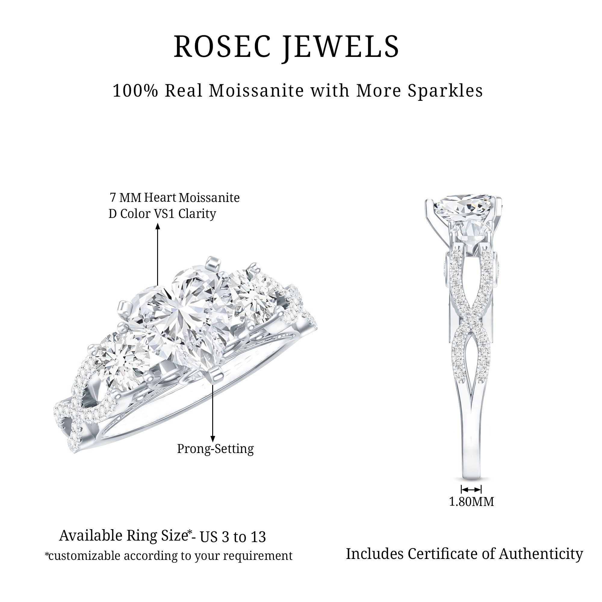 Rosec Jewels-1.5 Carat Heart Moissanite 3 Stone Engagement Ring in Crossover Band