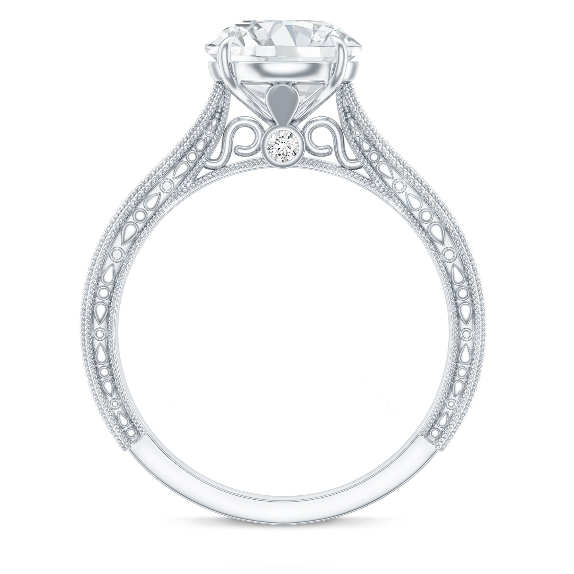 Claw Set Round Moissanite Engraved Engagement Ring D-VS1 - Rosec Jewels