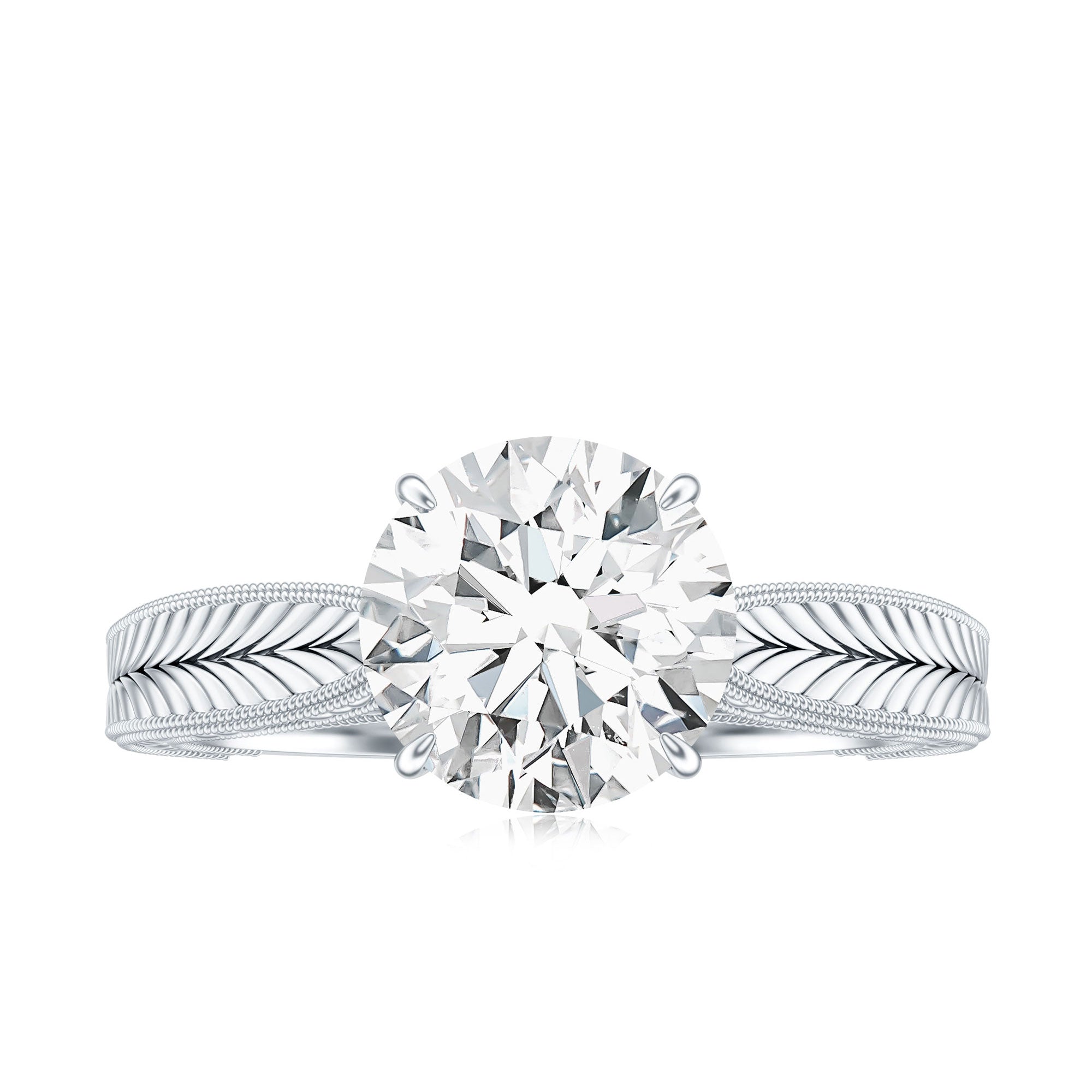 Claw Set Round Moissanite Engraved Engagement Ring D-VS1 - Rosec Jewels