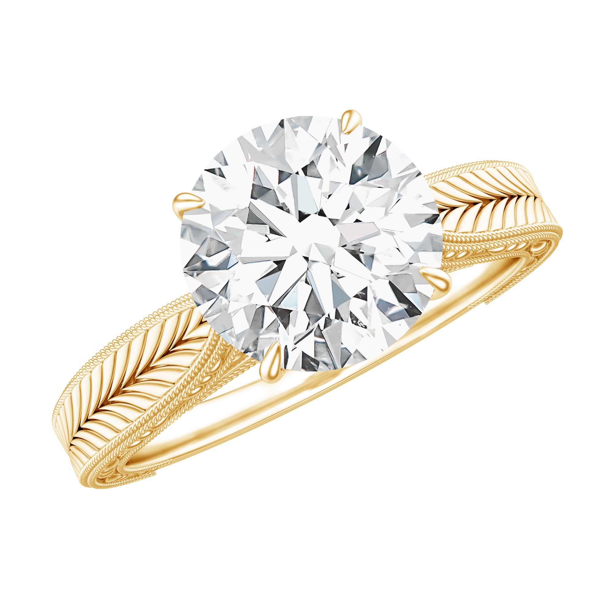 Claw Set Round Moissanite Engraved Engagement Ring D-VS1 - Rosec Jewels