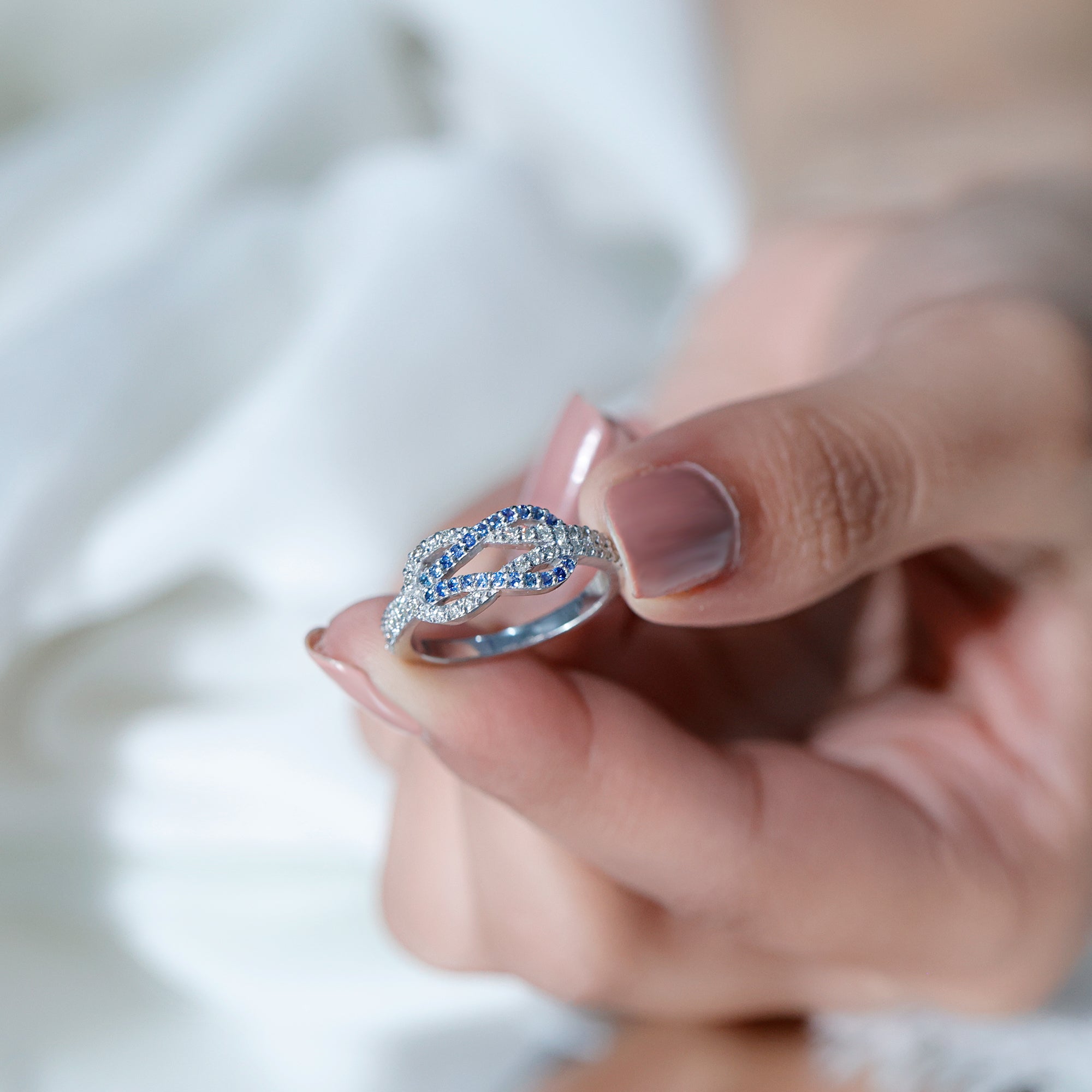 Natural Blue Sapphire Diamond Interlock Ring for Women AAA - Rosec Jewels