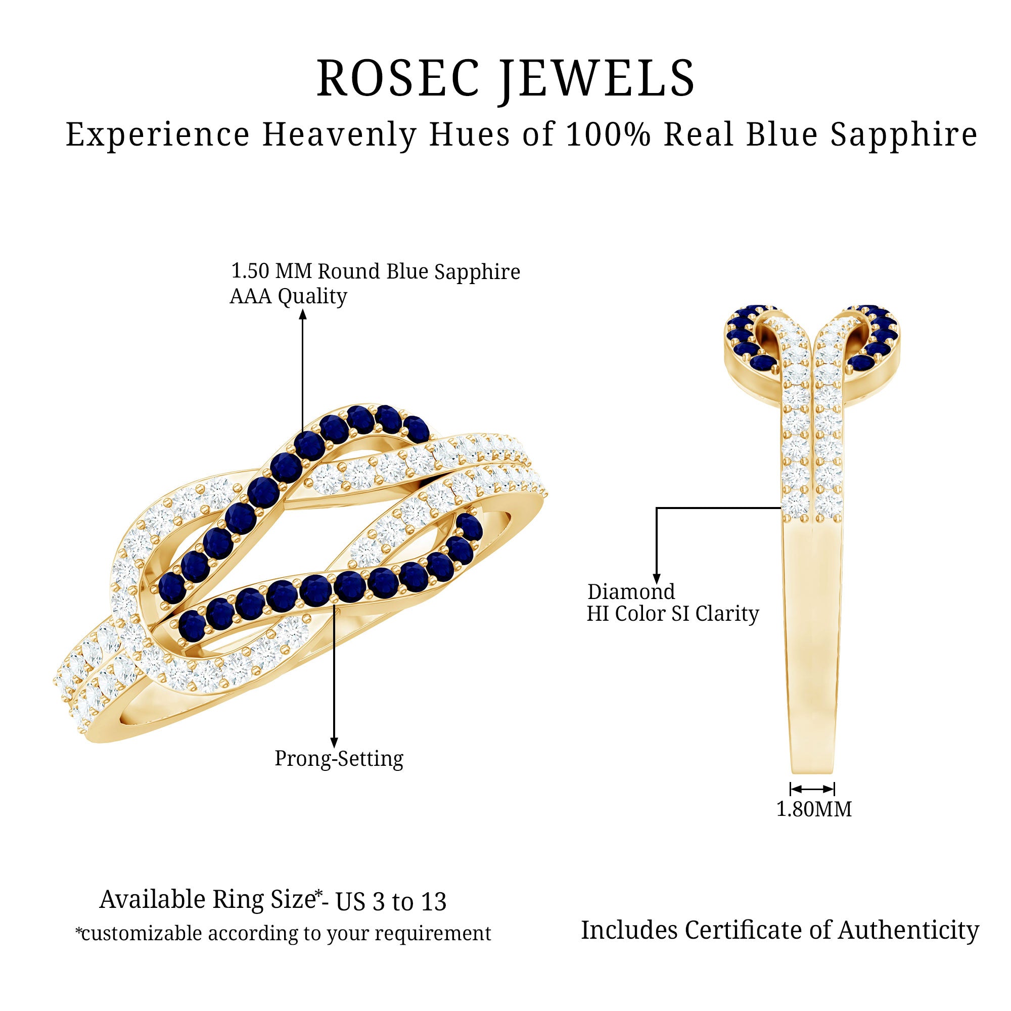 Natural Blue Sapphire Diamond Interlock Ring for Women AAA - Rosec Jewels