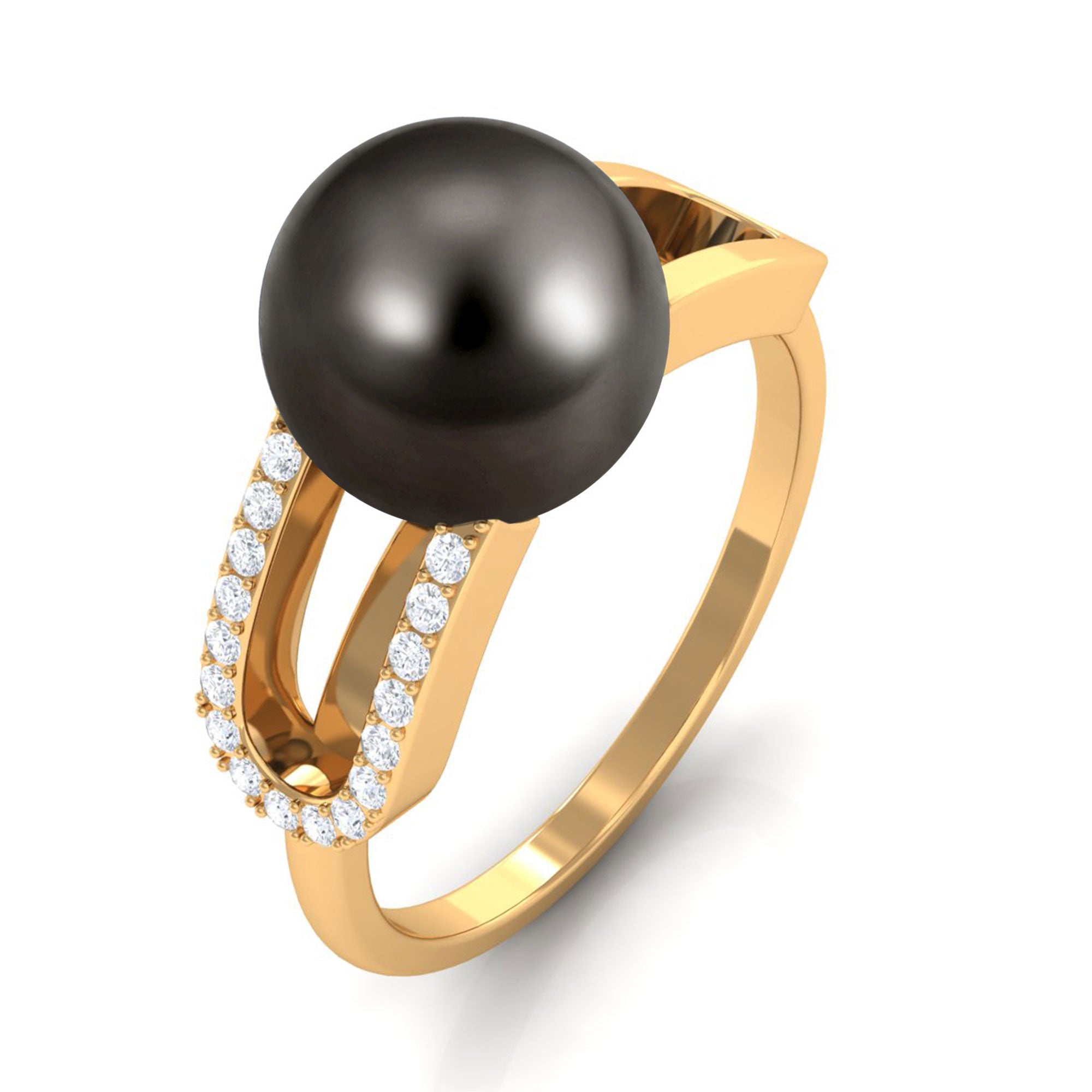 Split Shank Tahitian Pearl Solitaire Engagement Ring with Diamond AAA - Rosec Jewels