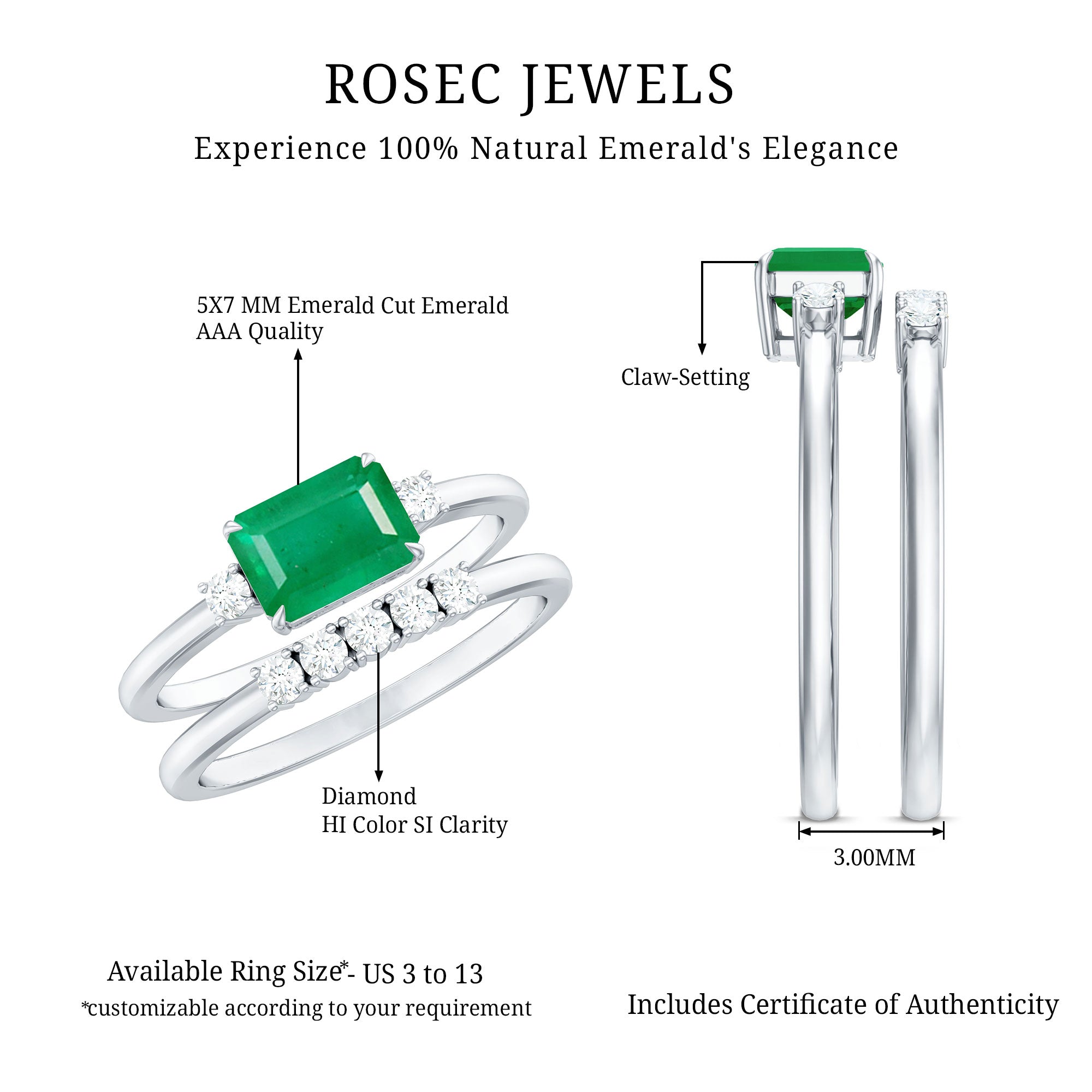 Natural Emerald Cut Emerald Diamond East West Engagement Ring and Wedding Band Set AAA - Rosec Jewels