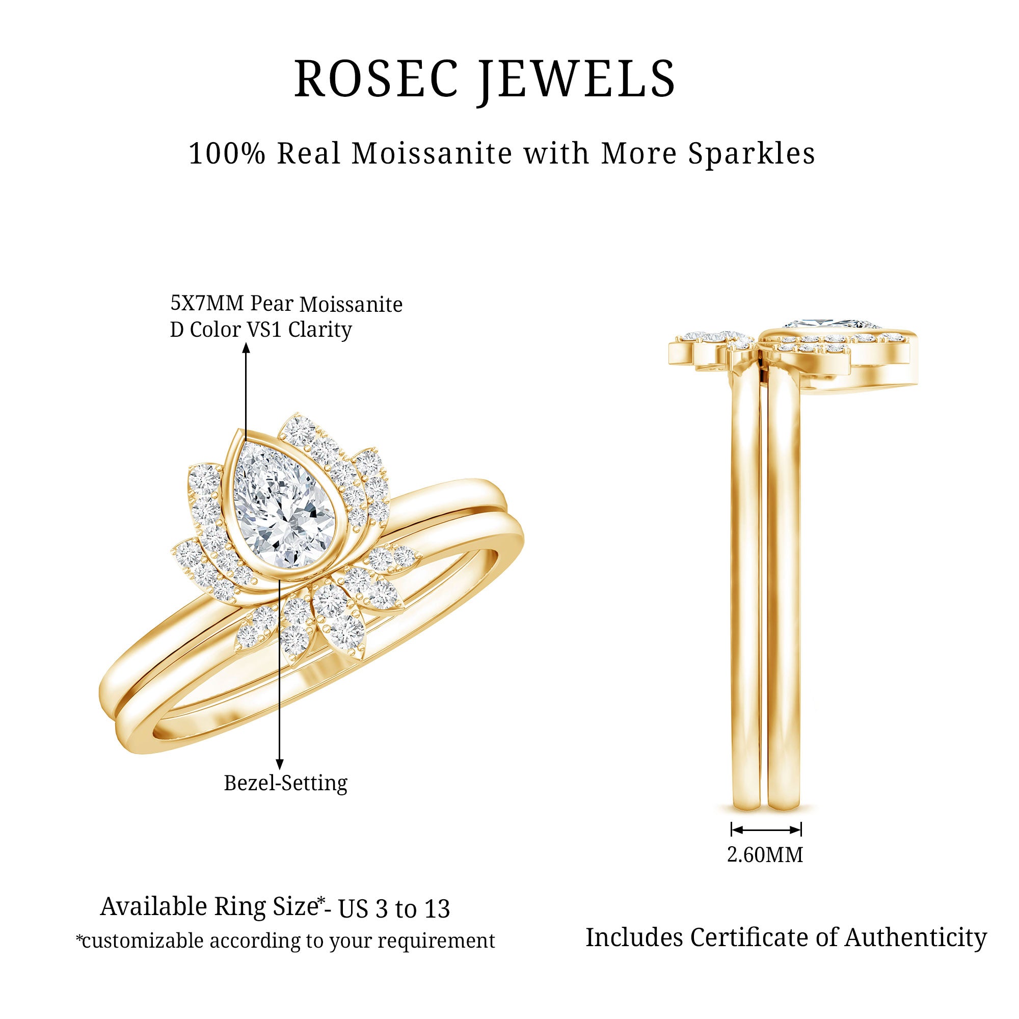 Rosec Jewels-Certified Moissanite Lotus Flower Bridal Ring Set