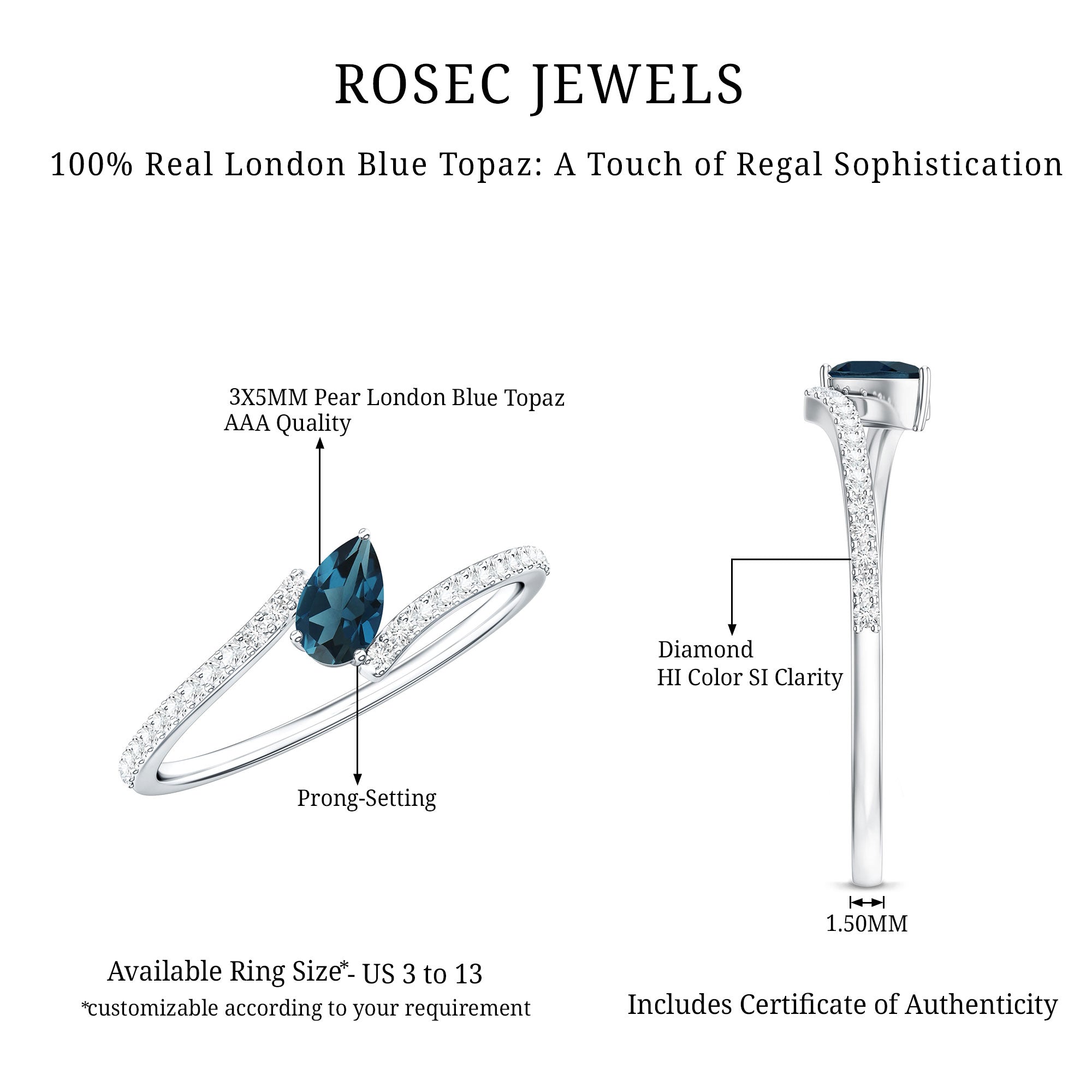Rosec Jewels-Genuine London Blue Topaz Promise Ring with Diamond