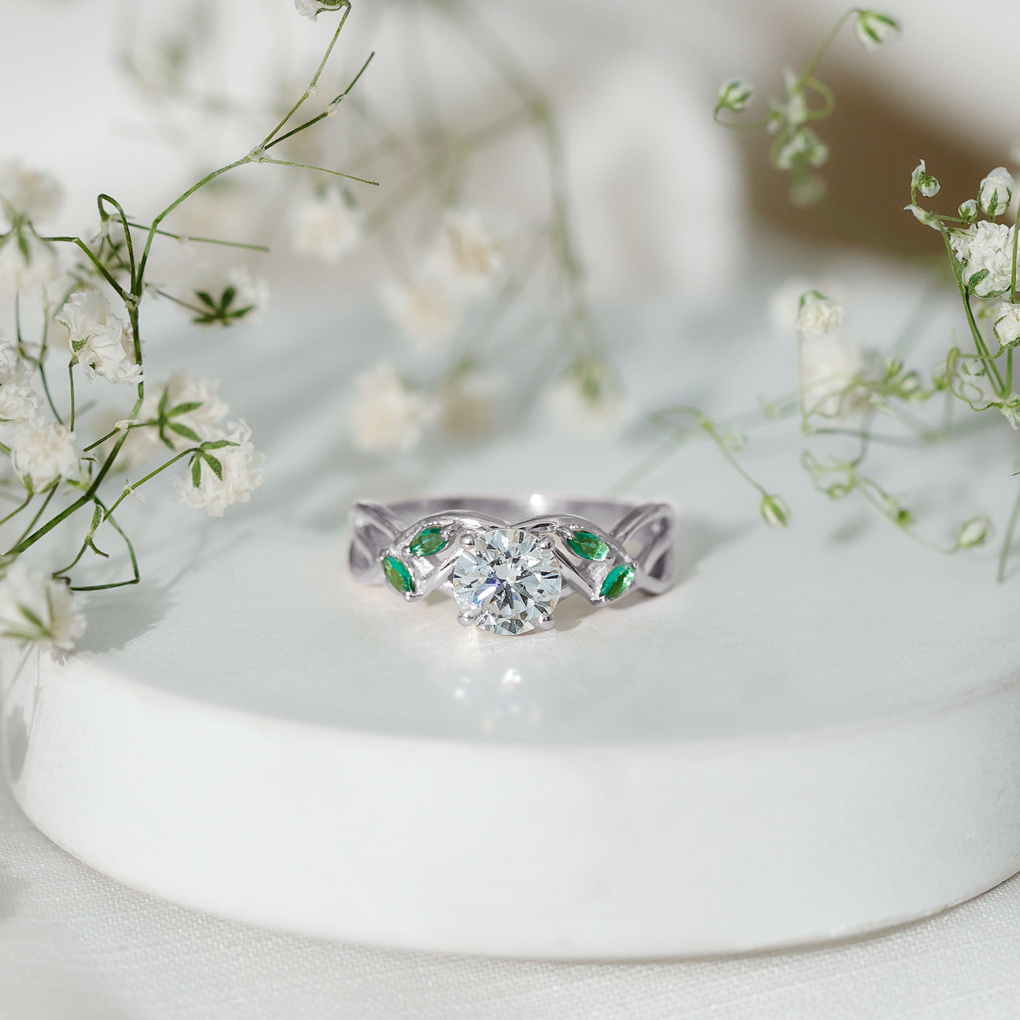 Lab Grown Diamond Engagement Ring With Emerald Lab - ( EF-VS ) - Rosec Jewels