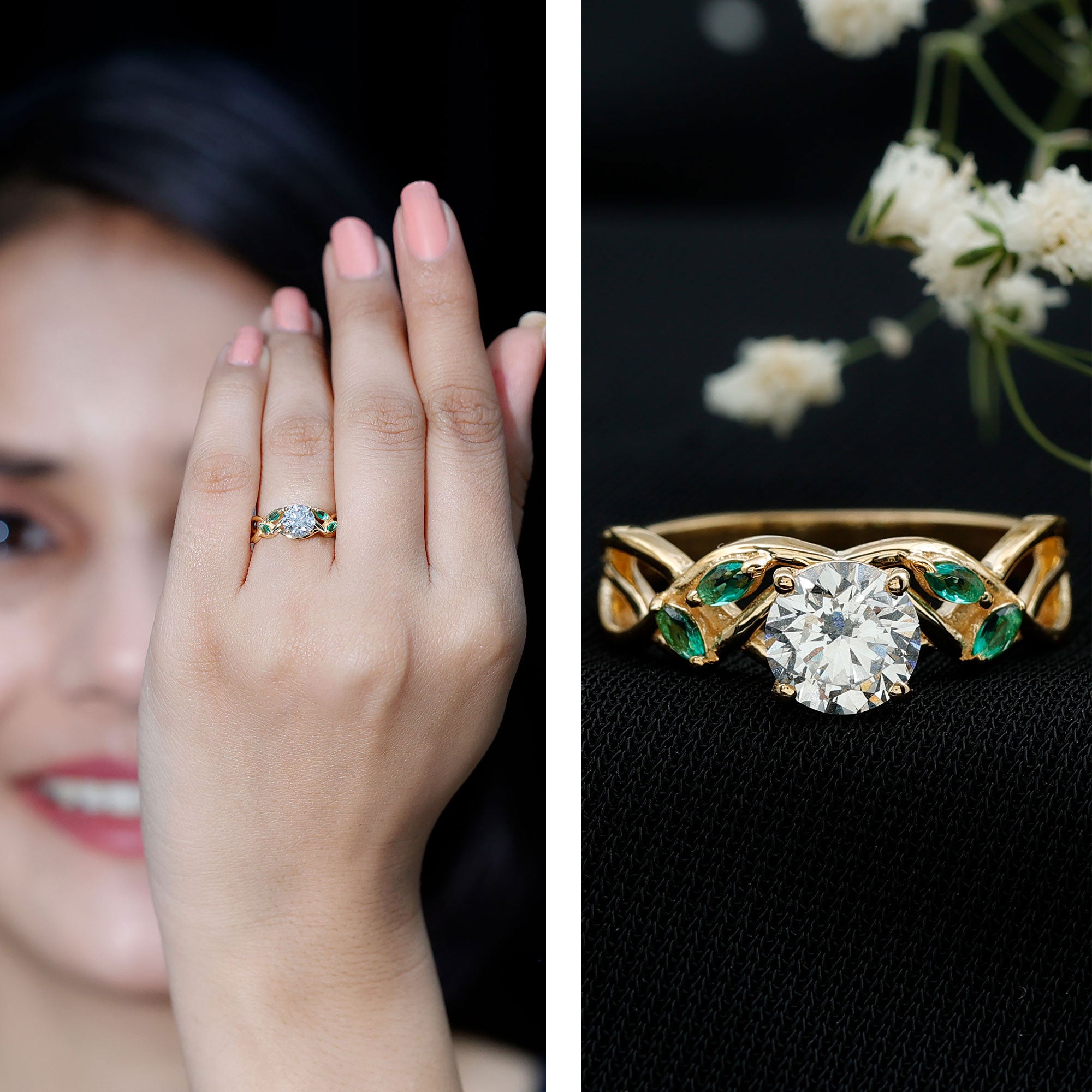 Lab Grown Diamond Engagement Ring With Emerald Lab - ( EF-VS ) - Rosec Jewels