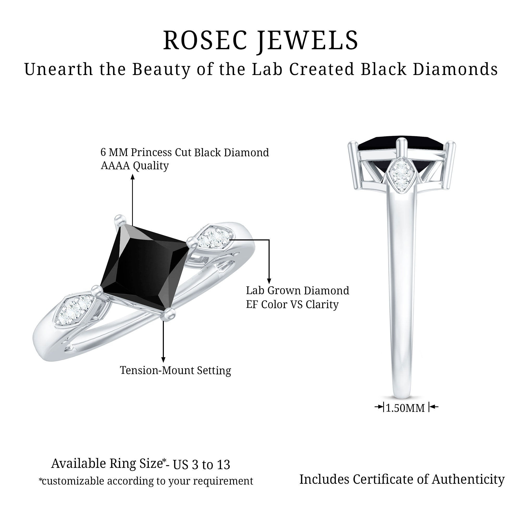 Certified 1 Carat Princess Cut Lab Grown Black and White Diamond Engagement Ring AAAA ( Synthetic ) - Rosec Jewels