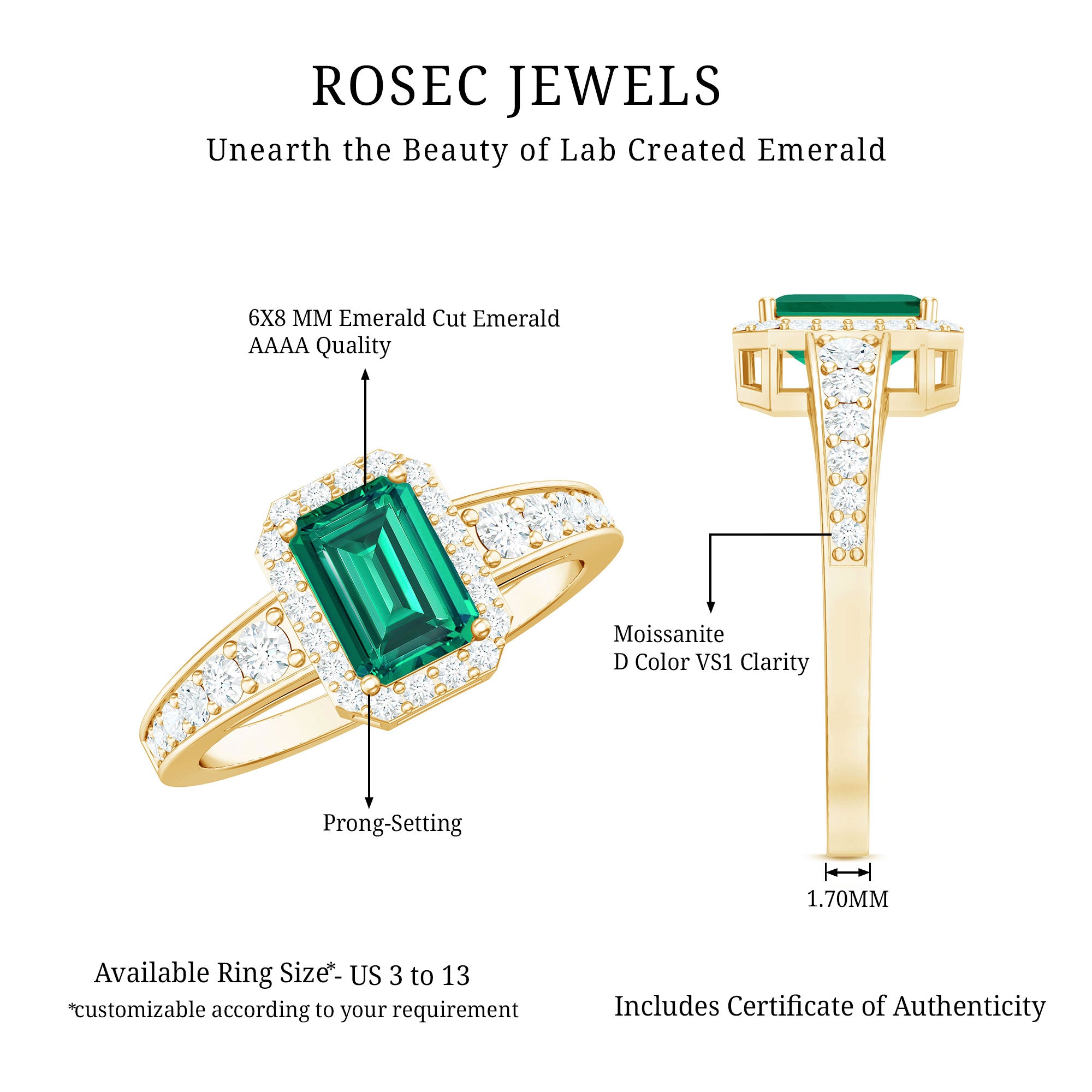 Rosec Jewels-Certified Emerald Cut Lab Grown Emerald Vintage Engagement Ring with Diamond
