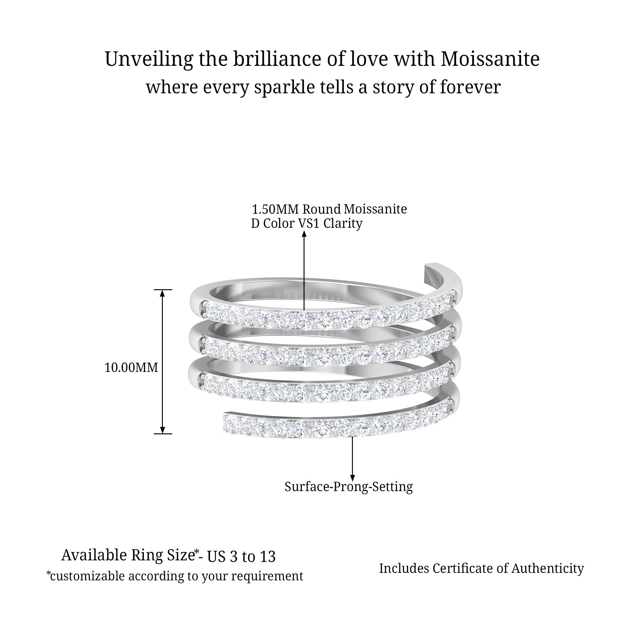 Certified Moissanite Spiral Wrap Ring D-VS1 - Rosec Jewels