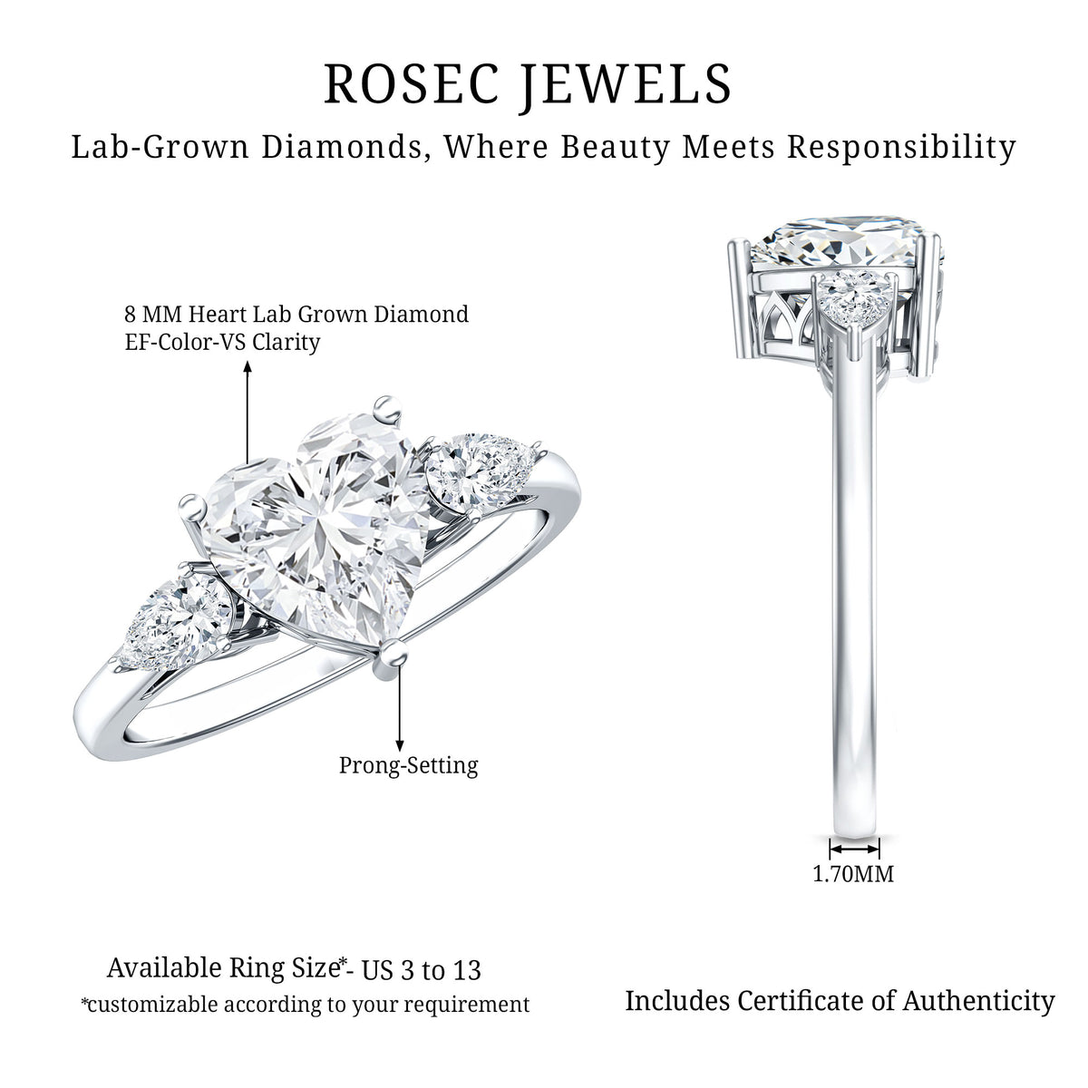 IGI Certified 2 Carat Lab Grown Diamond Heart Engagement Ring with Side Stones Lab - ( E-VS1 ) - Rosec Jewels
