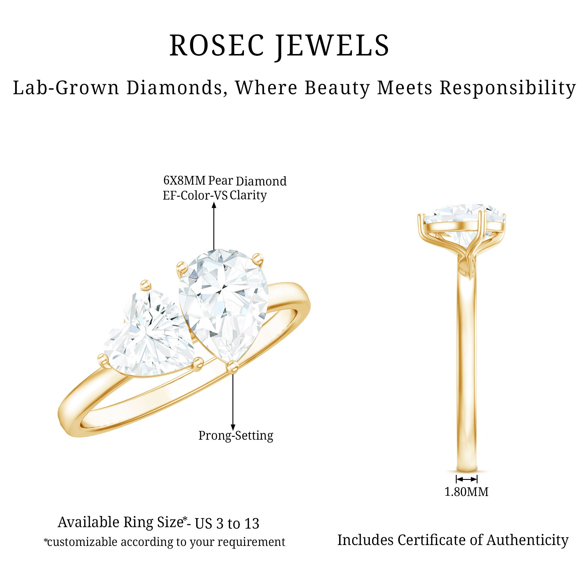 Rosec Jewels-Heart and Pear Shape Lab Grown Diamond Toi Et Moi Engagement Ring