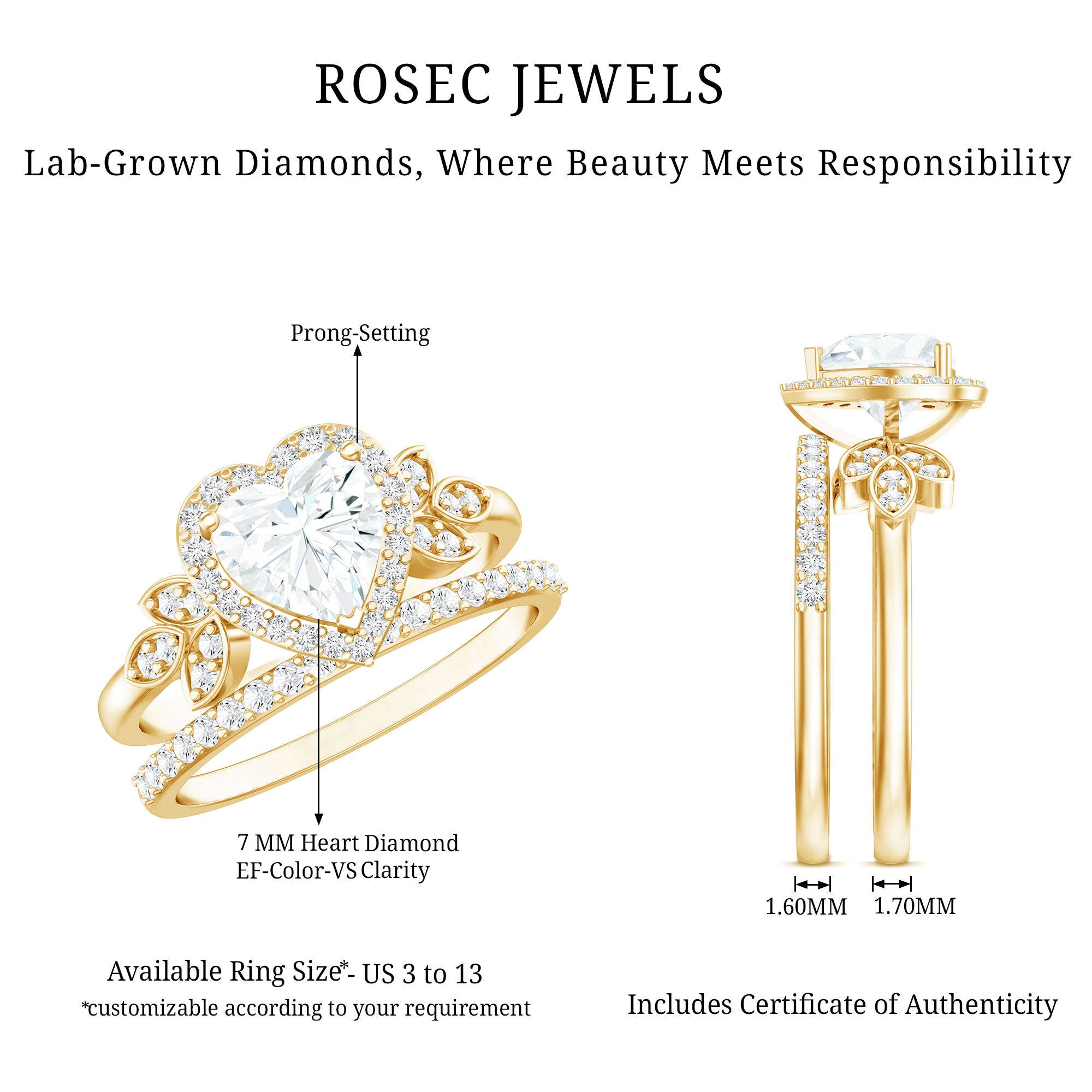 Rosec Jewels-Certified 1.25 Carat Lab Grown Diamond Heart Wedding Ring Set for Women