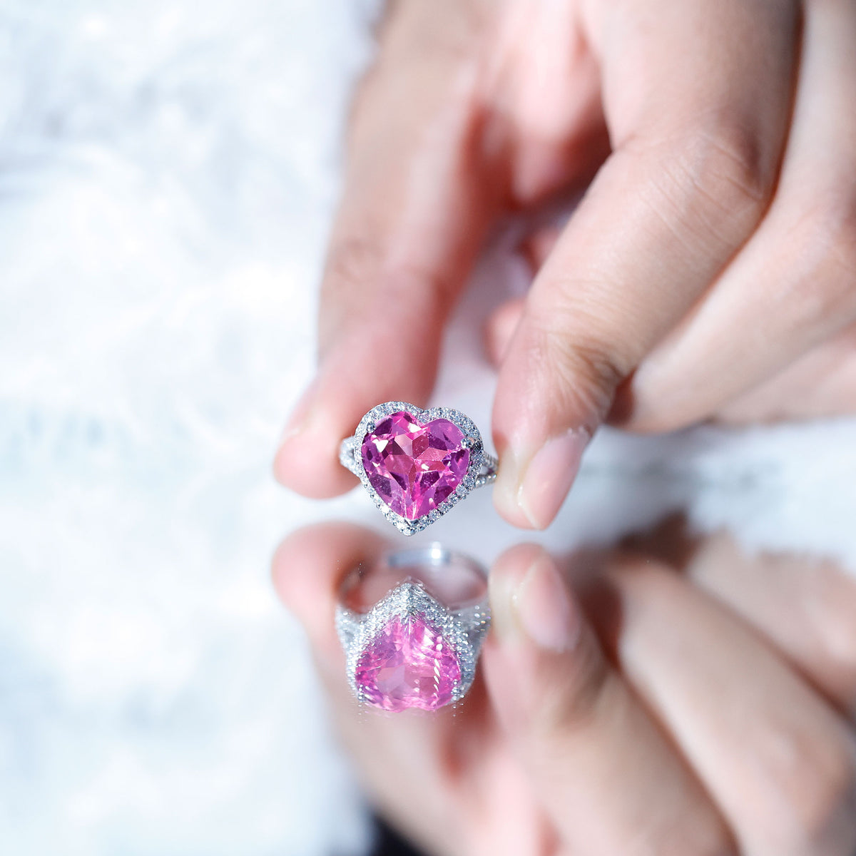 5.6 Carat Lab Created Pink Sapphire Heart Engagement Ring with Diamond Halo AAAA - Rosec Jewels